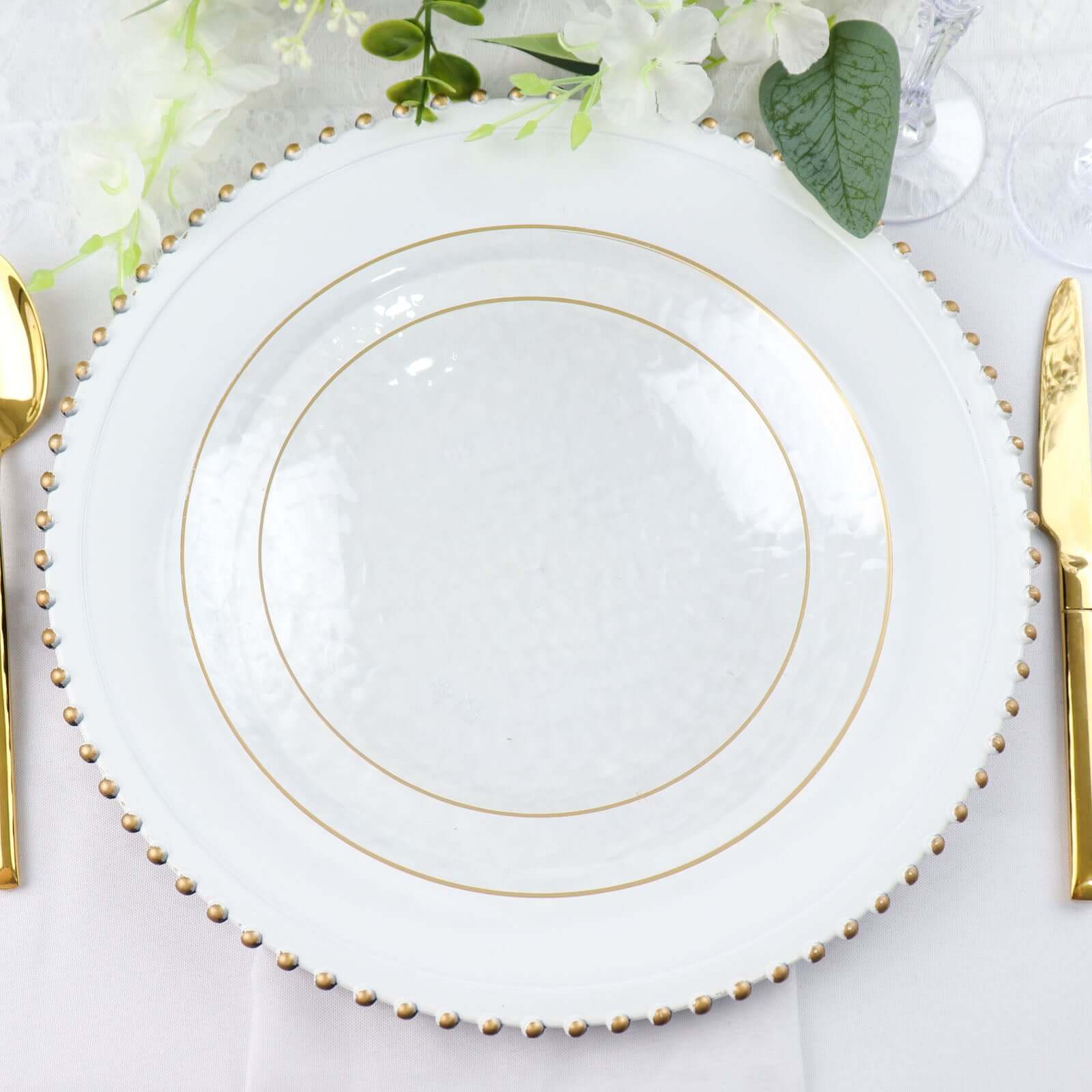 10-Pack Plastic Round Dessert Appetizer Plates 7" Clear Hammered Design with Gold Rim - Modern Disposable Salad Plates for Buffets & Catered Events - Image 8