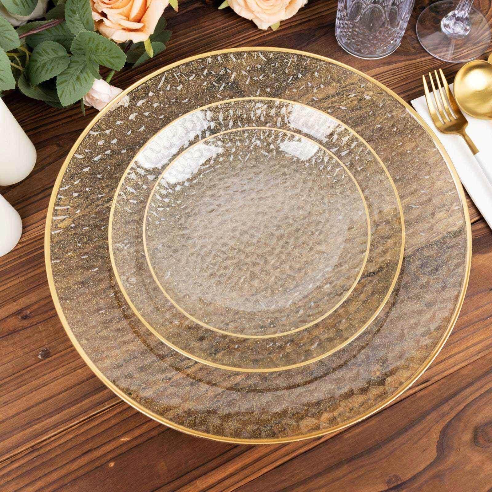 10-Pack Plastic Round Dessert Appetizer Plates 7" Gold Glitter Clear Hammered Design with Gold Rim - Modern Disposable Salad Plates - Image 5