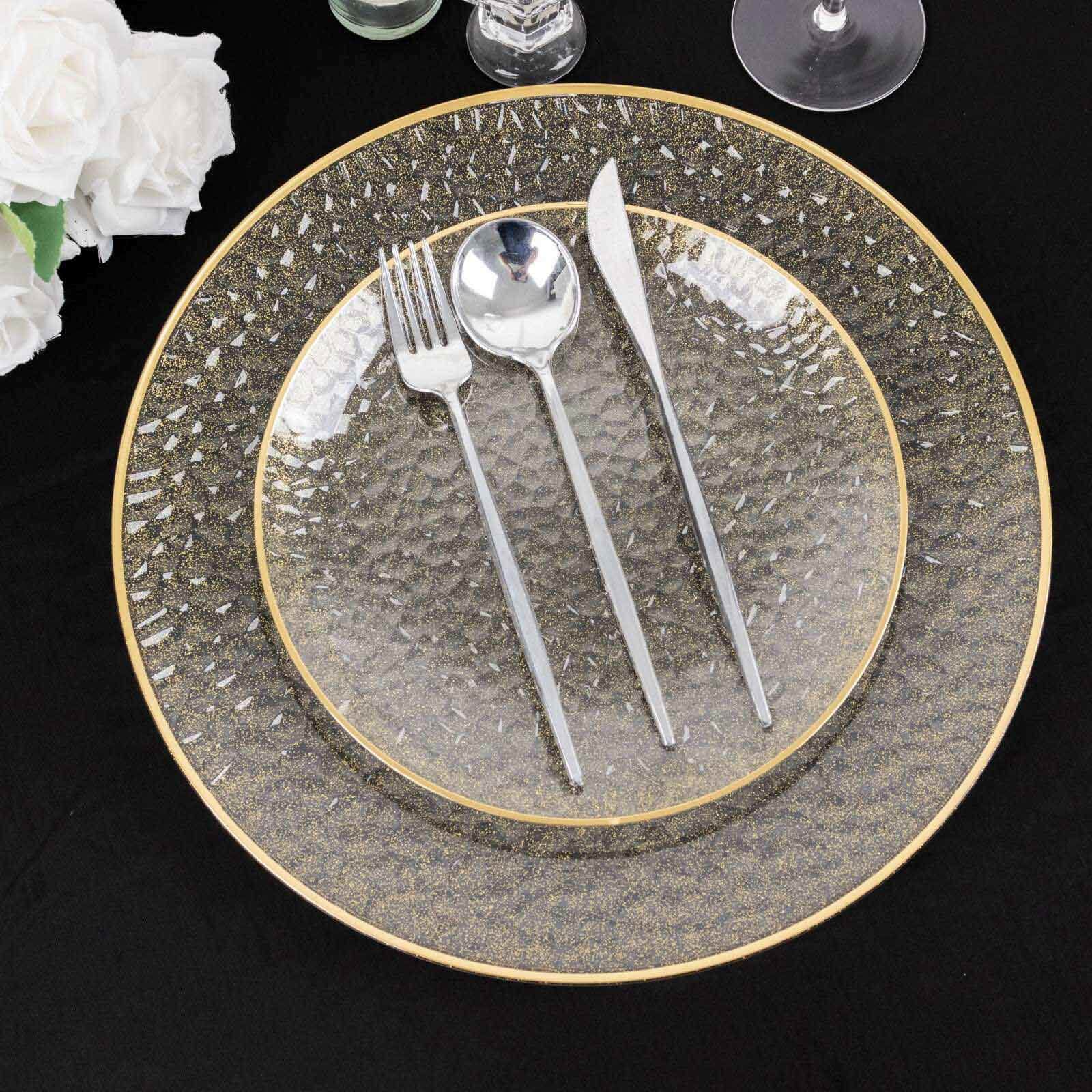 10-Pack Plastic Round Dessert Appetizer Plates 7" Gold Glitter Clear Hammered Design with Gold Rim - Modern Disposable Salad Plates - Image 6