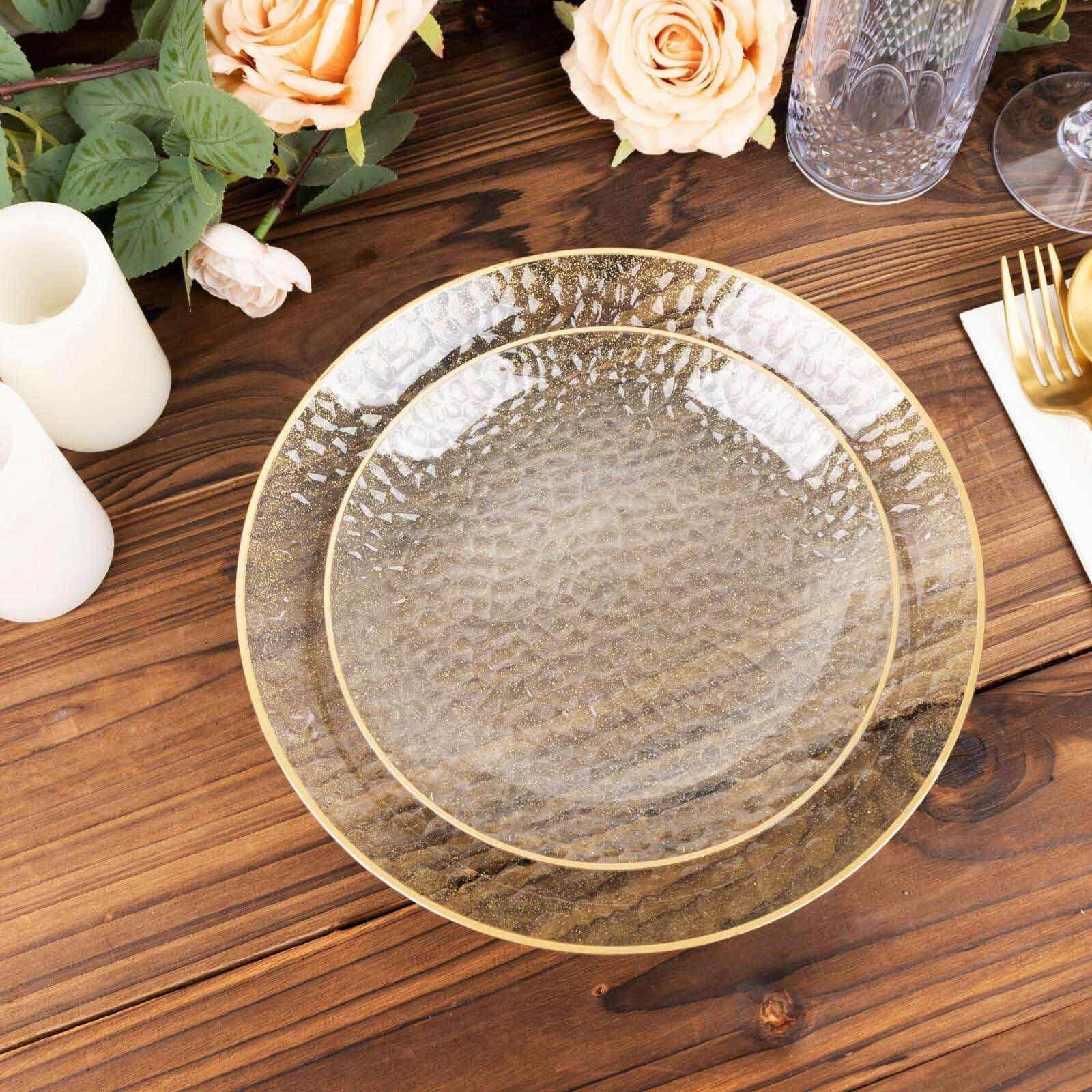 10-Pack Plastic Round Dessert Appetizer Plates 7" Gold Glitter Clear Hammered Design with Gold Rim - Modern Disposable Salad Plates - Image 7