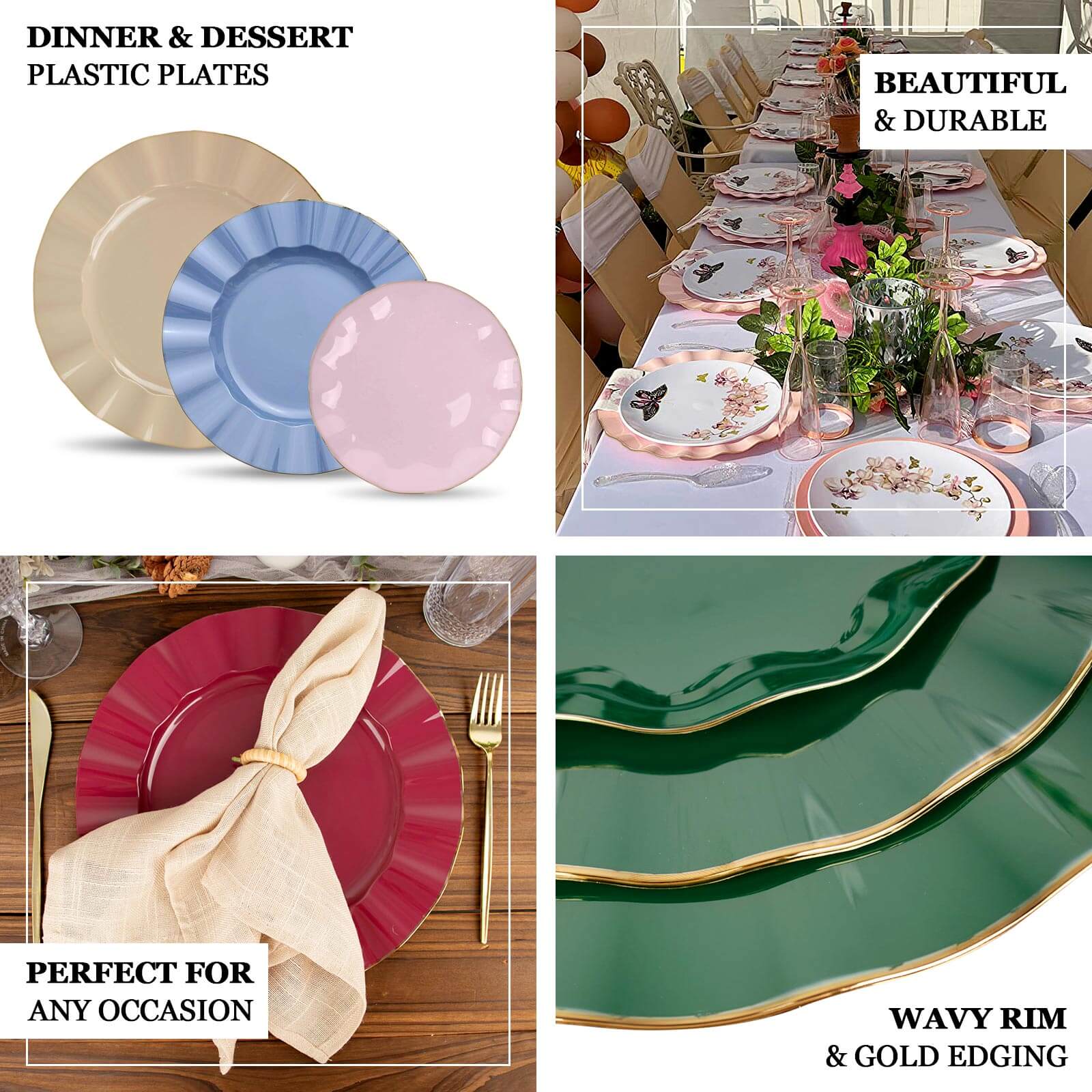 10-Pack Plastic Round Dessert Plates 6" Blush Ruffled Rim with Gold Edging - Heavy Duty Disposable Salad Appetizer Dinnerware - Image 4