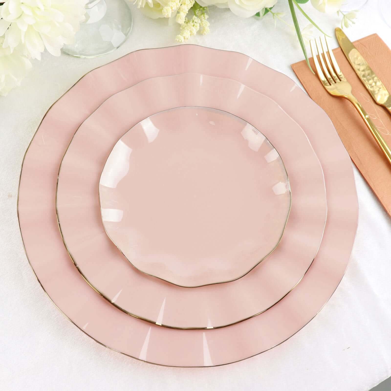 10-Pack Plastic Round Dessert Plates 6" Blush Ruffled Rim with Gold Edging - Heavy Duty Disposable Salad Appetizer Dinnerware - Image 6