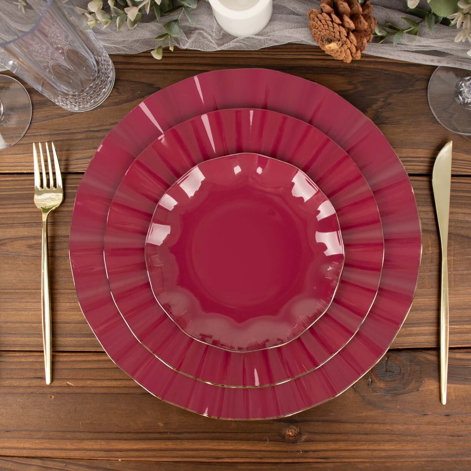 10-Pack Plastic Round Dessert Plates 6" Burgundy Ruffled Rim with Gold Edging - Heavy Duty Disposable Salad Appetizer Dinnerware - Image 2