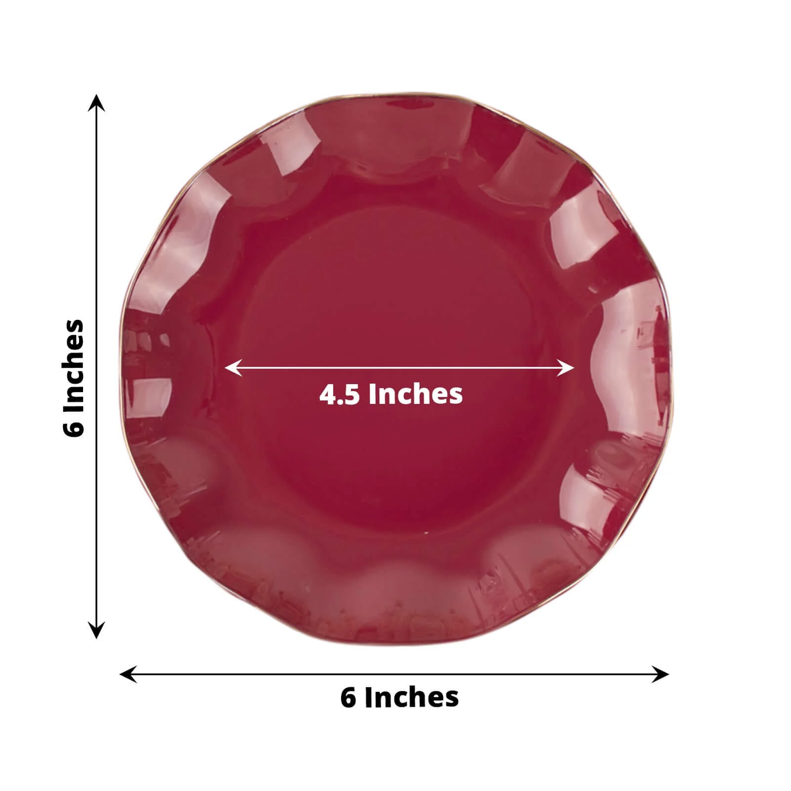 10-Pack Plastic Round Dessert Plates 6" Burgundy Ruffled Rim with Gold Edging - Heavy Duty Disposable Salad Appetizer Dinnerware - Image 3