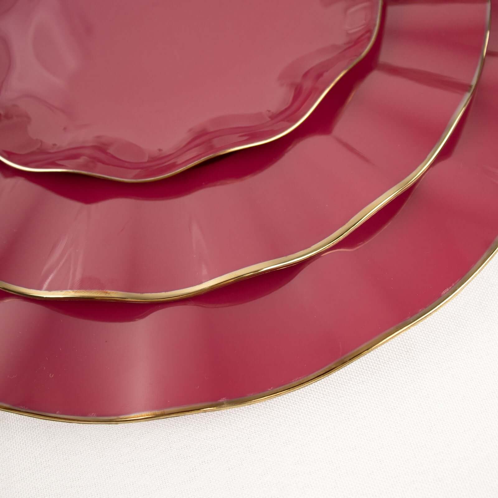 10-Pack Plastic Round Dessert Plates 6" Burgundy Ruffled Rim with Gold Edging - Heavy Duty Disposable Salad Appetizer Dinnerware - Image 7