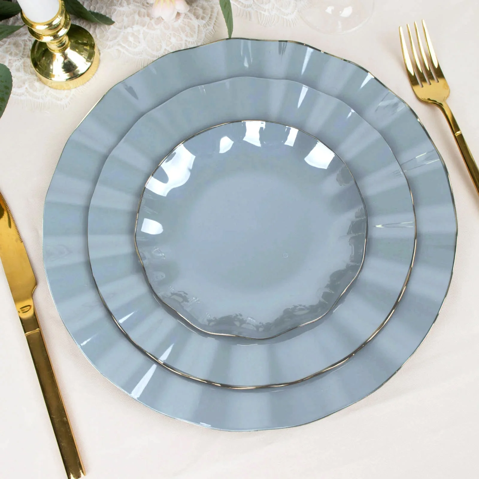 10-Pack Plastic Round Dessert Plates 6" Dusty Blue Ruffled Rim with Gold Edging - Heavy Duty Disposable Salad Appetizer Dinnerware - Image 7