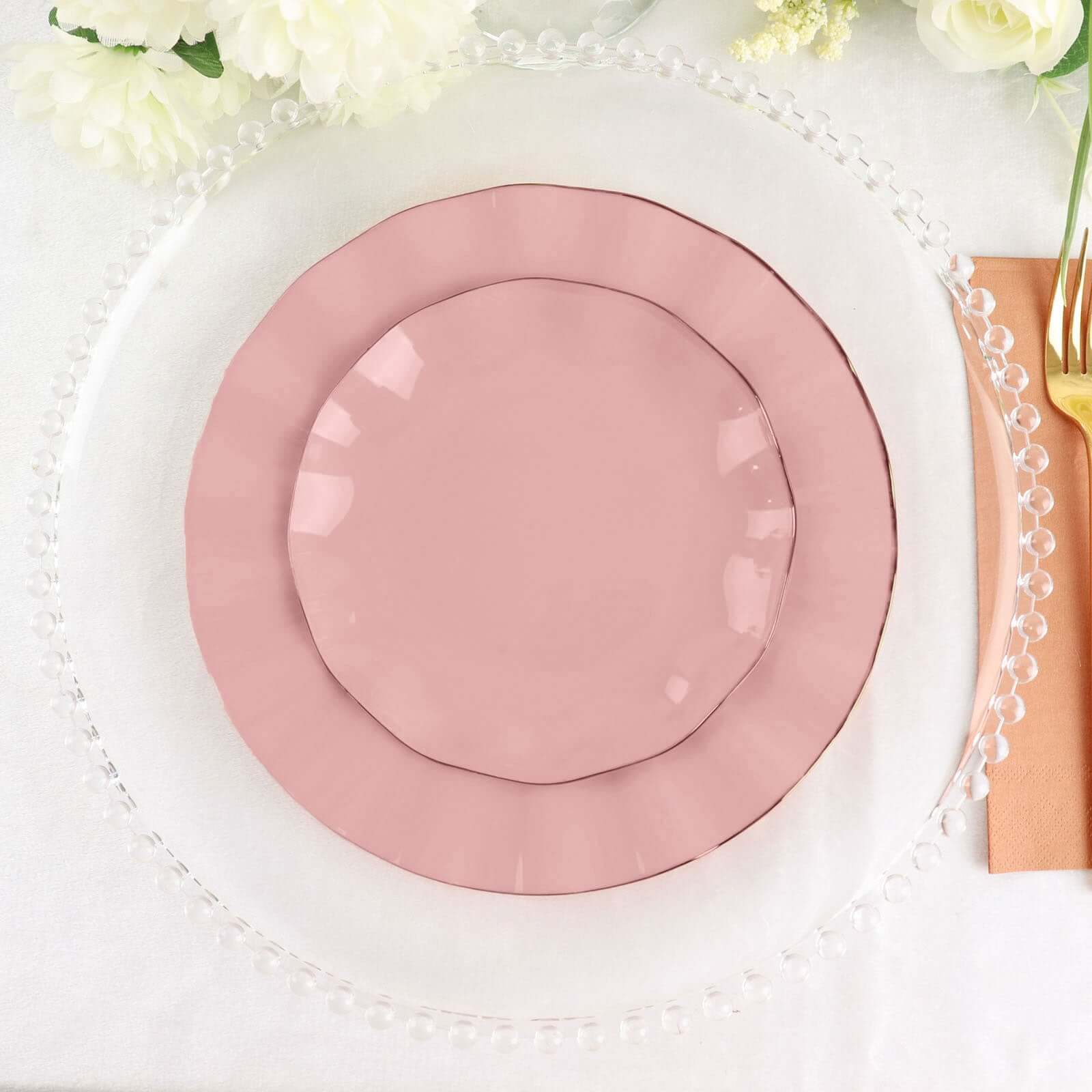 10-Pack Plastic Round Dessert Plates 6" Dusty Rose Ruffled Rim with Gold Edging - Heavy Duty Disposable Salad Appetizer Dinnerware - Image 8