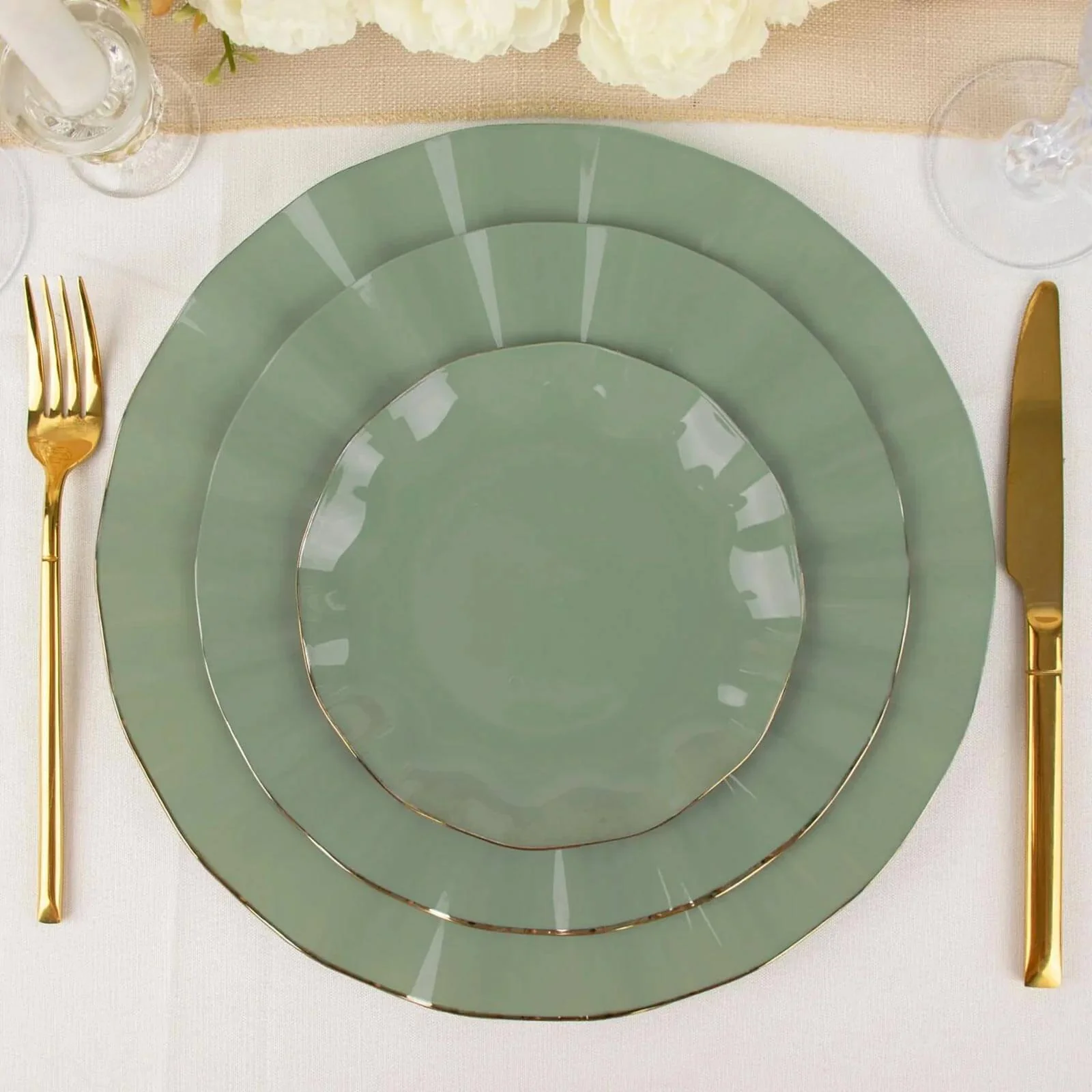 10-Pack Plastic Round Dessert Plates 6" Dusty Sage Green Ruffled Rim with Gold Edging - Heavy Duty Disposable Salad Appetizer Dinnerware