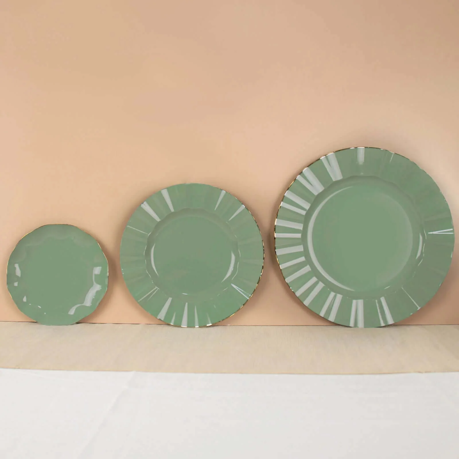 10-Pack Plastic Round Dessert Plates 6" Dusty Sage Green Ruffled Rim with Gold Edging - Heavy Duty Disposable Salad Appetizer Dinnerware - Image 7