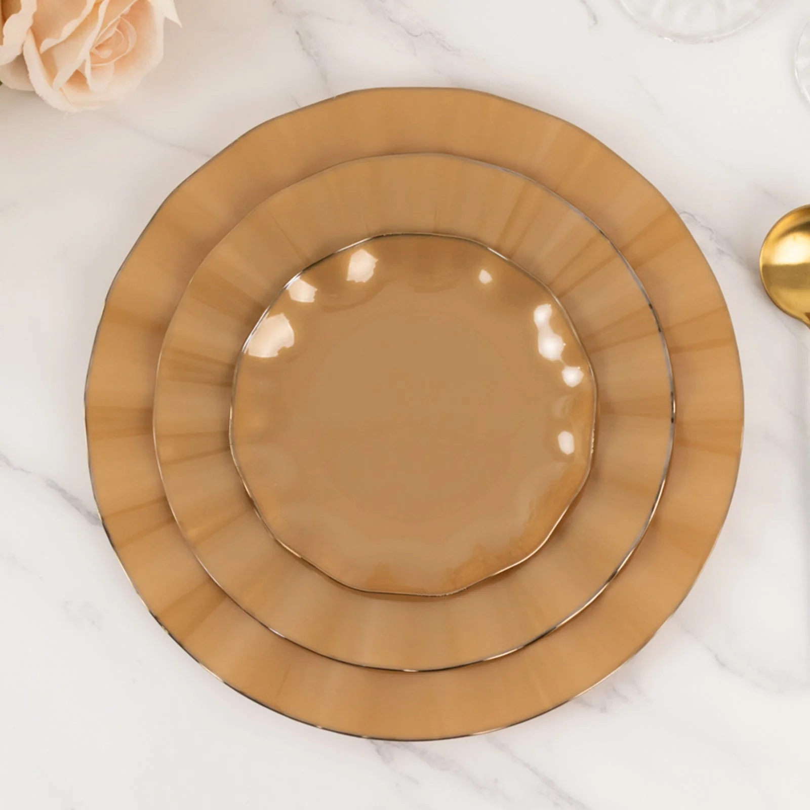 10-Pack Plastic Round Dessert Plates 6" Gold with Ruffled Rim - Heavy Duty Disposable Salad Appetizer Dinnerware for Upscale Buffets & Catered Events - Image 8