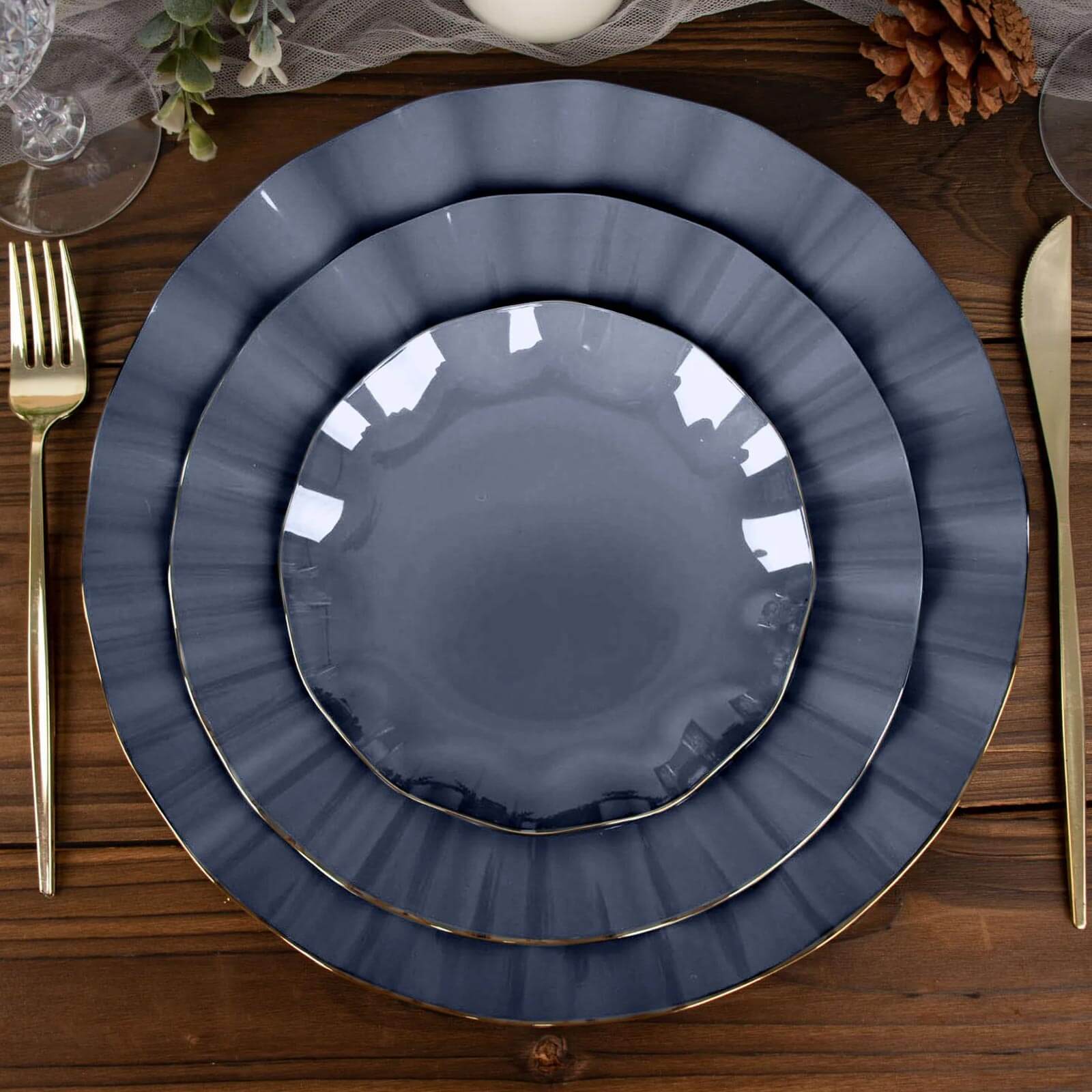 10-Pack Plastic Round Dessert Plates 6" Navy Blue Ruffled Rim with Gold Edging - Heavy Duty Disposable Salad Appetizer Dinnerware - Image 6