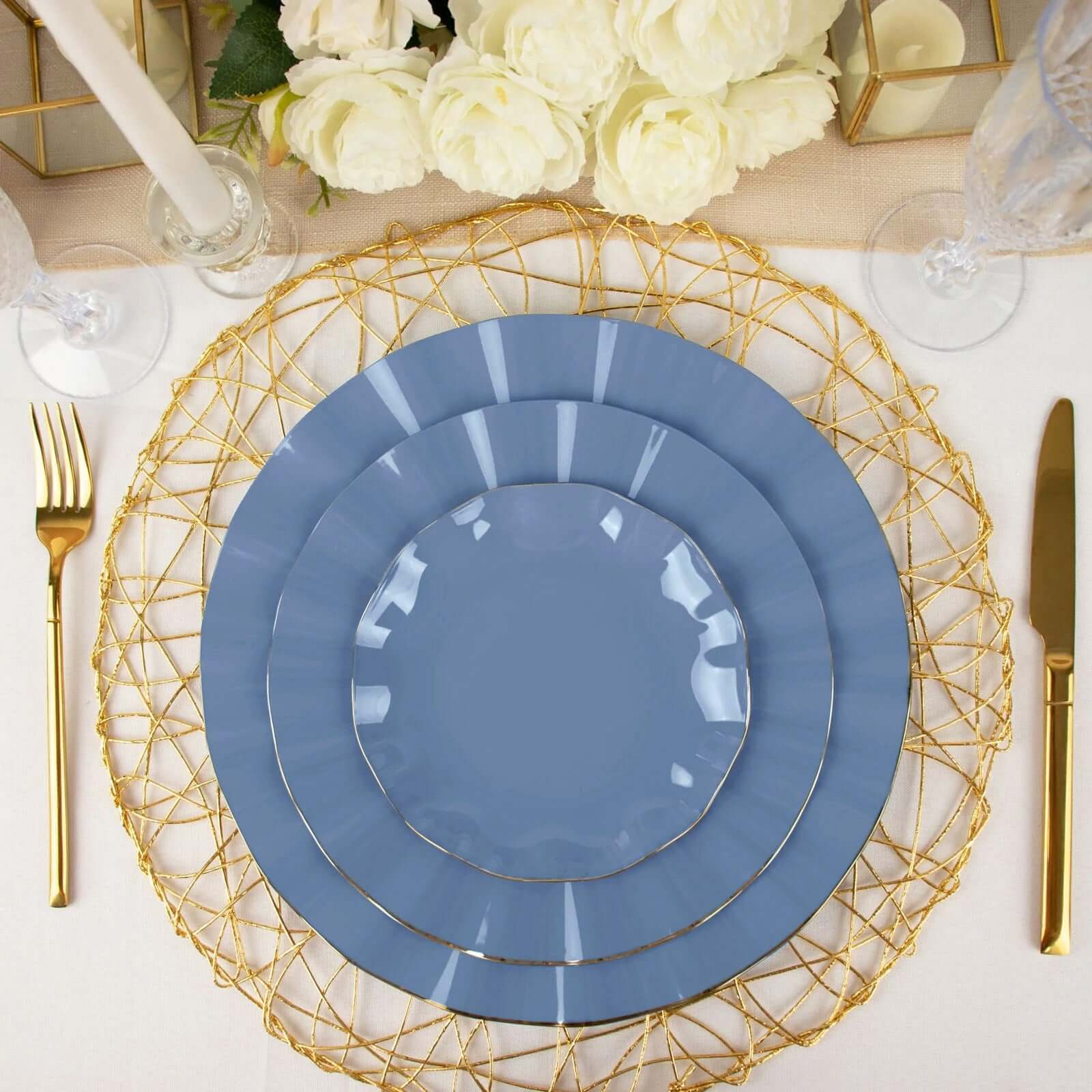 10-Pack Plastic Round Dessert Plates 6" Ocean Blue Ruffled Rim with Gold Edging - Heavy Duty Disposable Salad Appetizer Dinnerware - Image 2