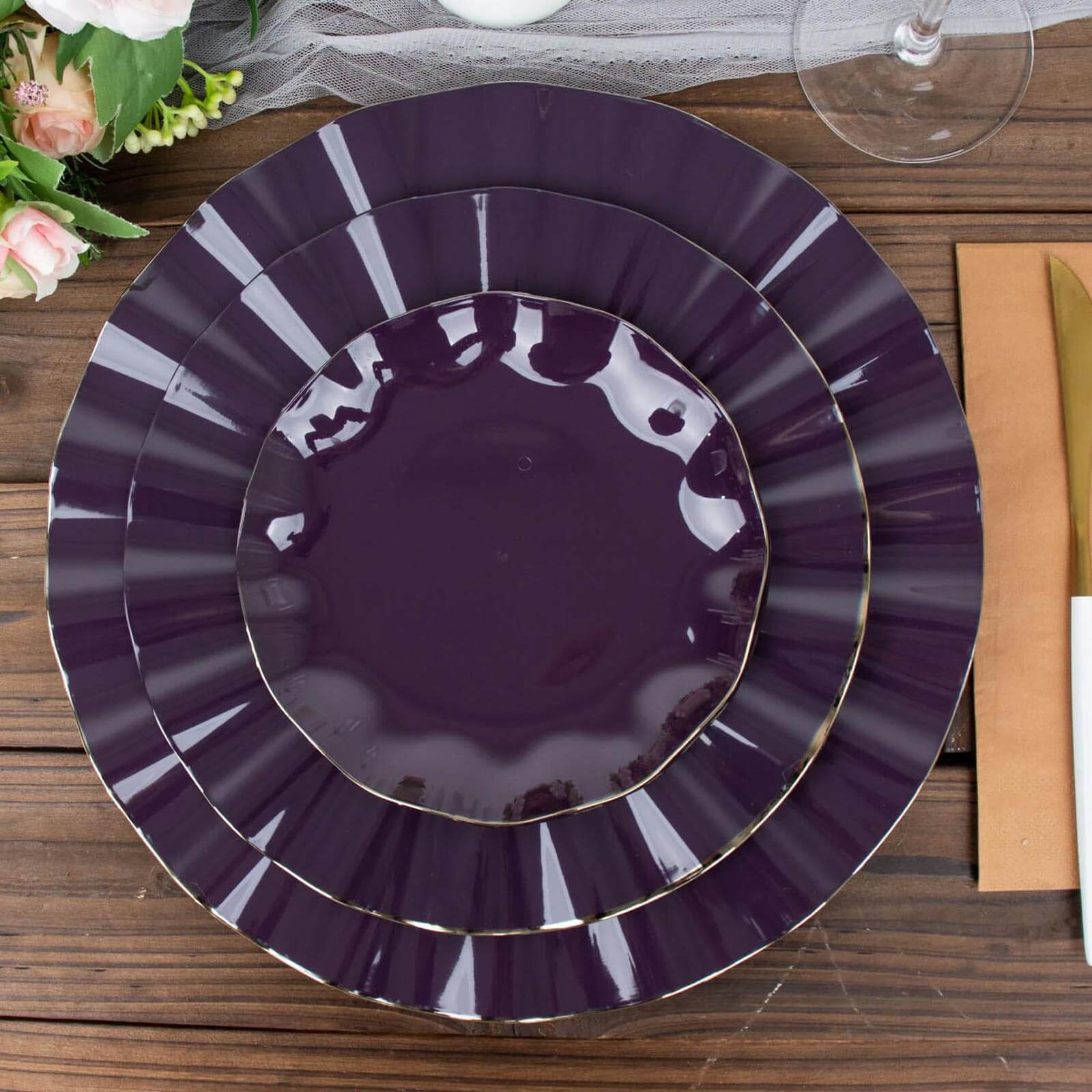 10-Pack Plastic Round Dessert Plates 6" Purple Ruffled Rim with Gold Edging - Heavy Duty Disposable Salad Appetizer Dinnerware - Image 6
