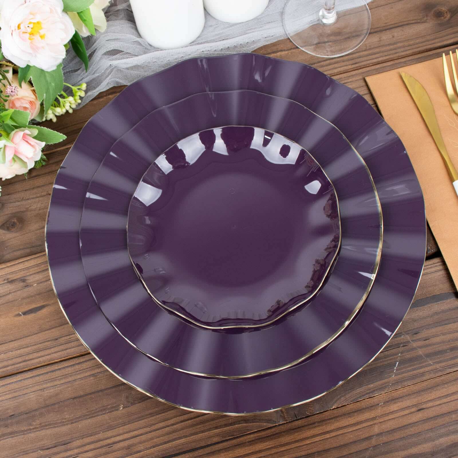 10-Pack Plastic Round Dessert Plates 6" Purple Ruffled Rim with Gold Edging - Heavy Duty Disposable Salad Appetizer Dinnerware - Image 7