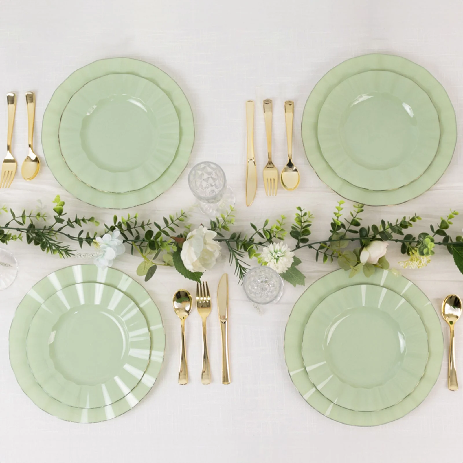 10-Pack Plastic Round Dessert Plates 6" Sage Green Ruffled Rim with Gold Edging - Heavy Duty Disposable Salad Appetizer Dinnerware - Image 7