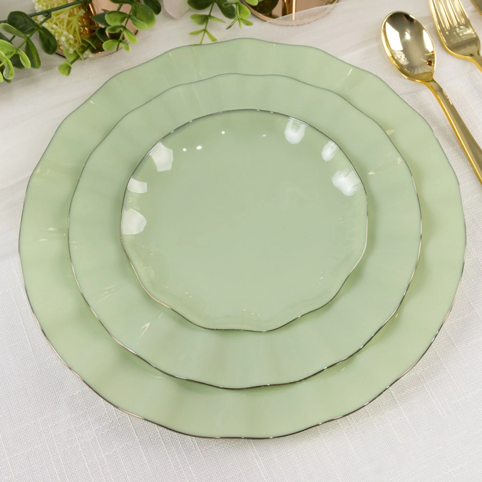 10-Pack Plastic Round Dessert Plates 6" Sage Green Ruffled Rim with Gold Edging - Heavy Duty Disposable Salad Appetizer Dinnerware - Image 8