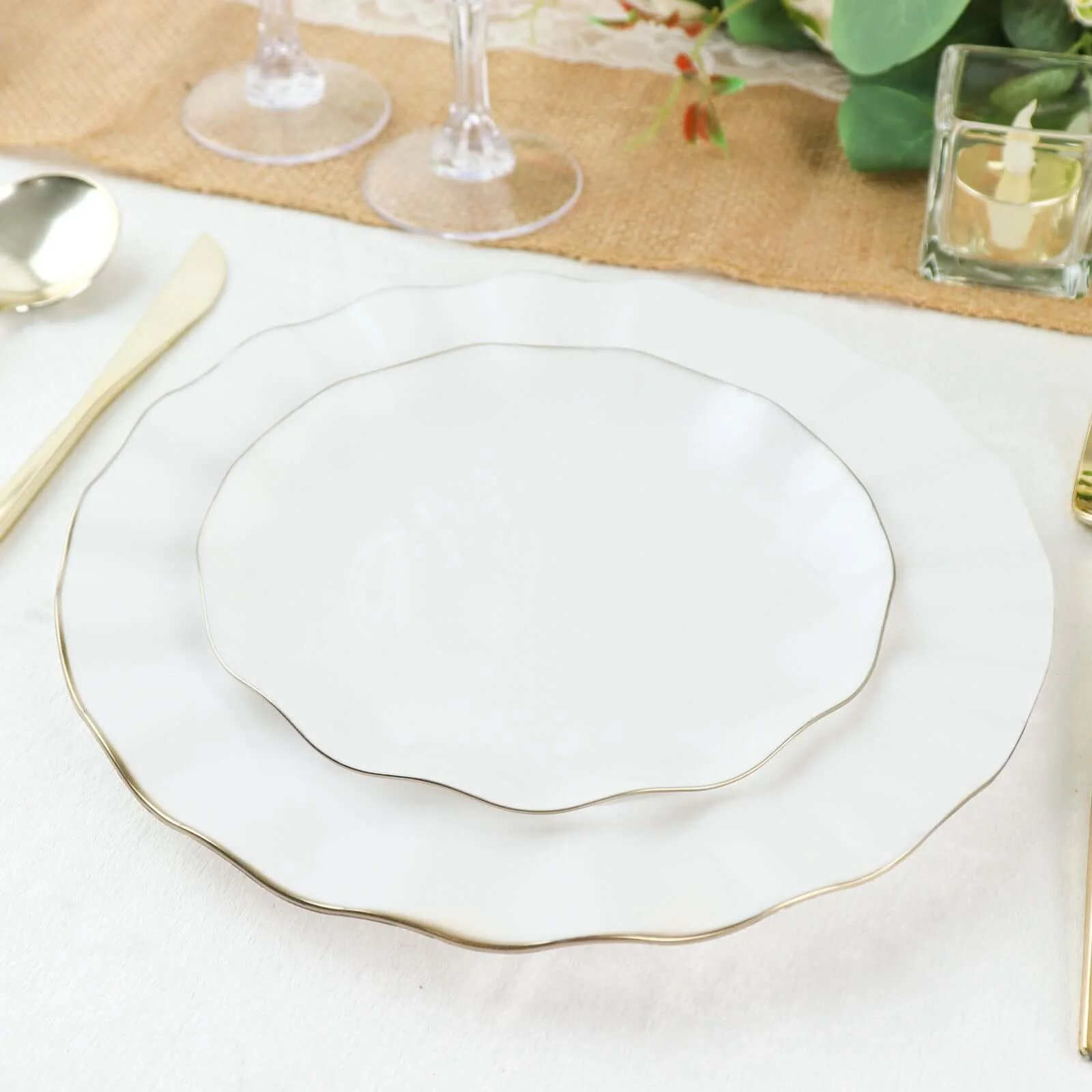 10-Pack Plastic Round Dessert Plates 6" White Ruffled Rim with Gold Edging - Heavy Duty Disposable Salad Appetizer Dinnerware - Image 6