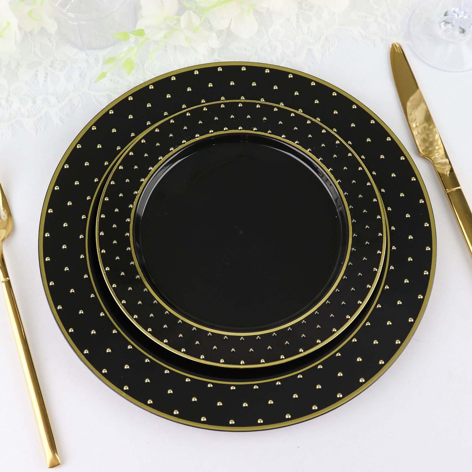10-Pack Plastic Round Dessert Plates 7.5" Black with Gold 3D Polka Dotted Rim - Durable Disposable Appetizer Salad Plates for Sophisticated Events & Celebrations
