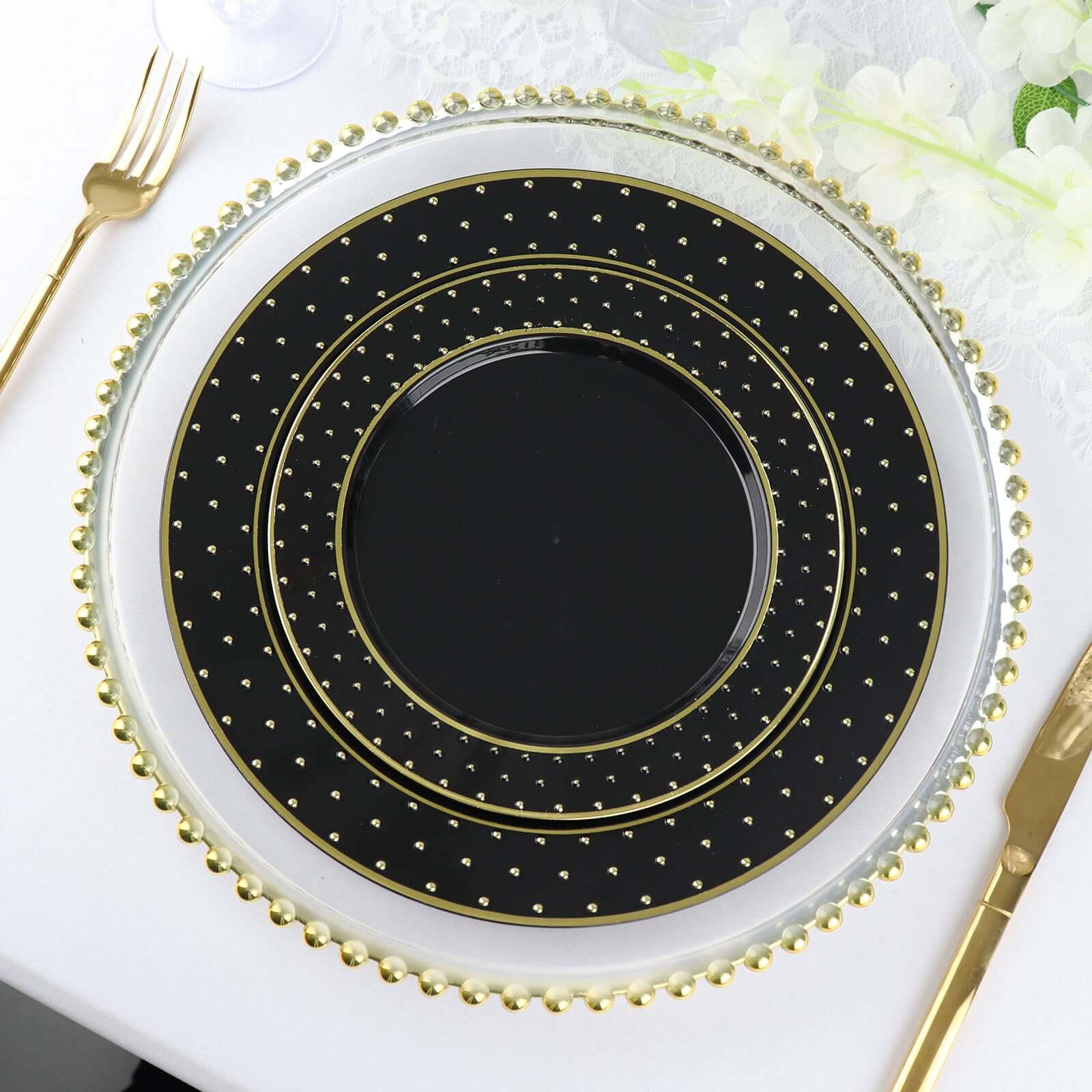 10-Pack Plastic Round Dessert Plates 7.5" Black with Gold 3D Polka Dotted Rim - Durable Disposable Appetizer Salad Plates for Sophisticated Events & Celebrations - Image 2