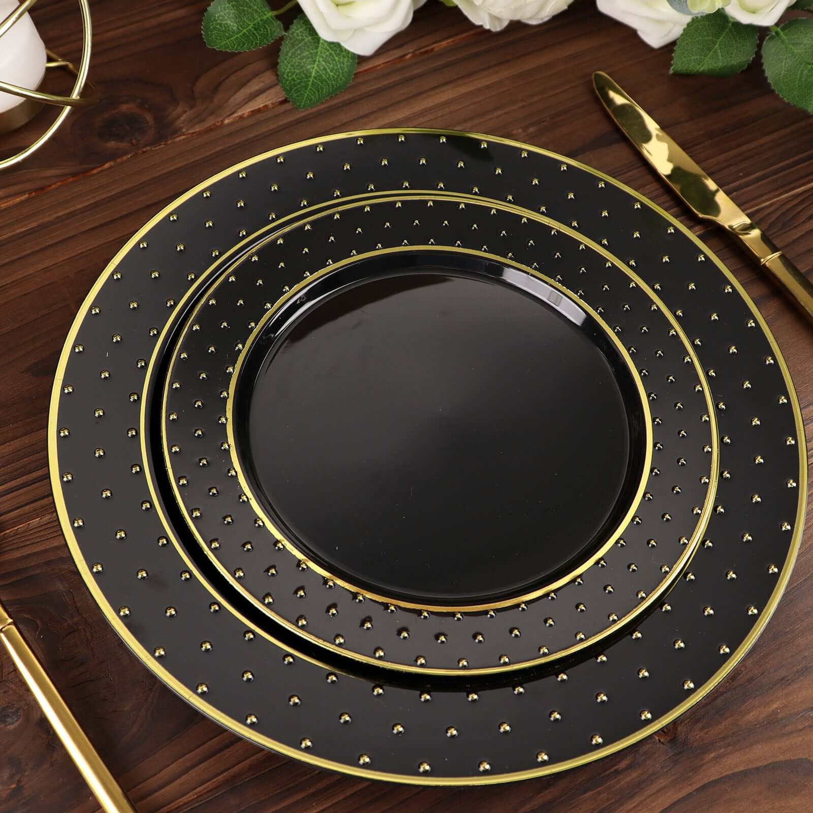10-Pack Plastic Round Dessert Plates 7.5" Black with Gold 3D Polka Dotted Rim - Durable Disposable Appetizer Salad Plates for Sophisticated Events & Celebrations - Image 5