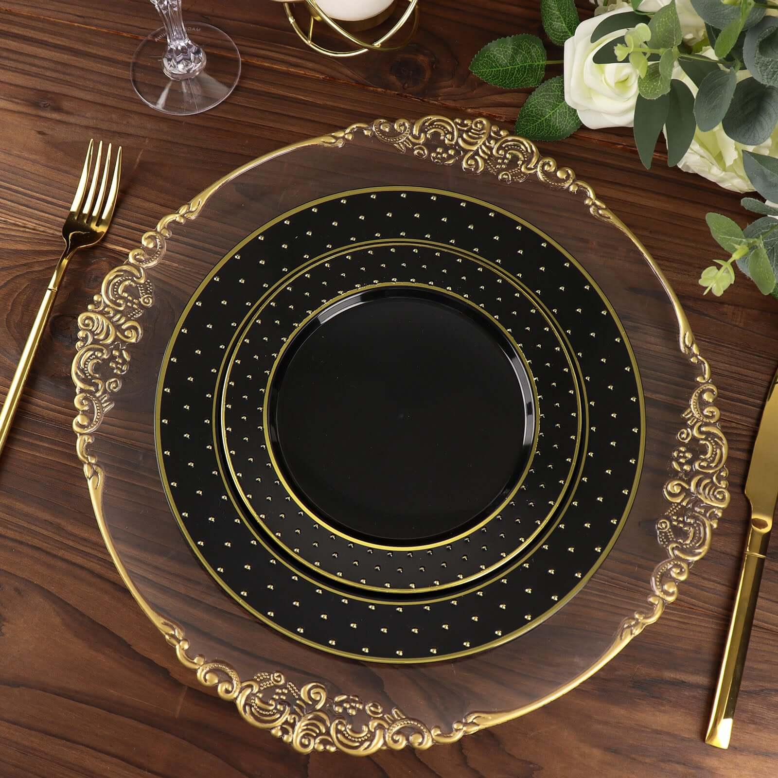 10-Pack Plastic Round Dessert Plates 7.5" Black with Gold 3D Polka Dotted Rim - Durable Disposable Appetizer Salad Plates for Sophisticated Events & Celebrations - Image 7