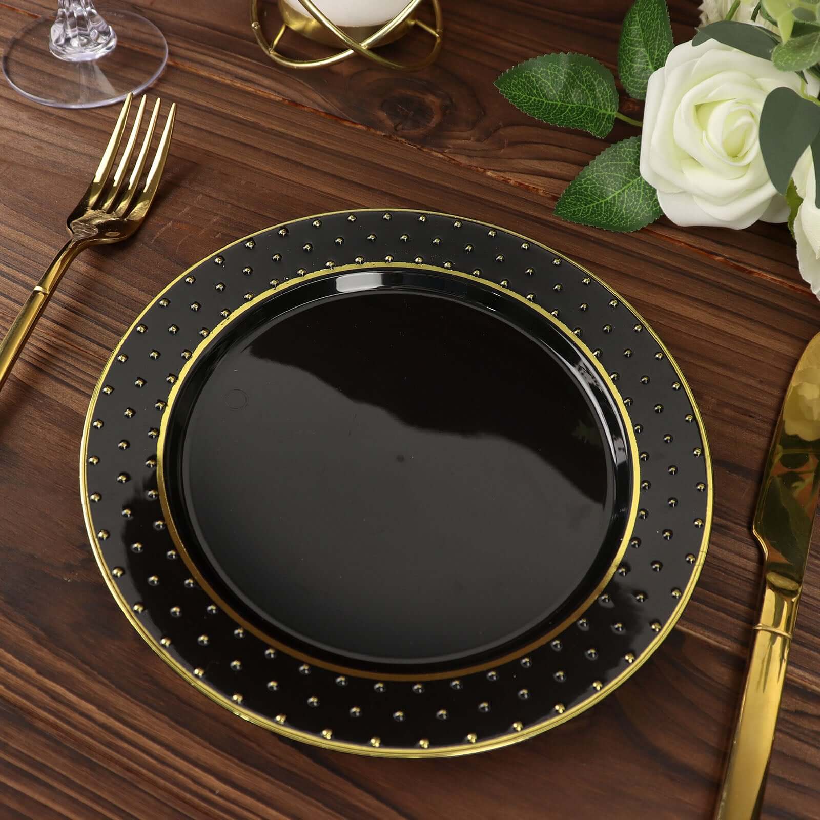 10-Pack Plastic Round Dessert Plates 7.5" Black with Gold 3D Polka Dotted Rim - Durable Disposable Appetizer Salad Plates for Sophisticated Events & Celebrations - Image 8