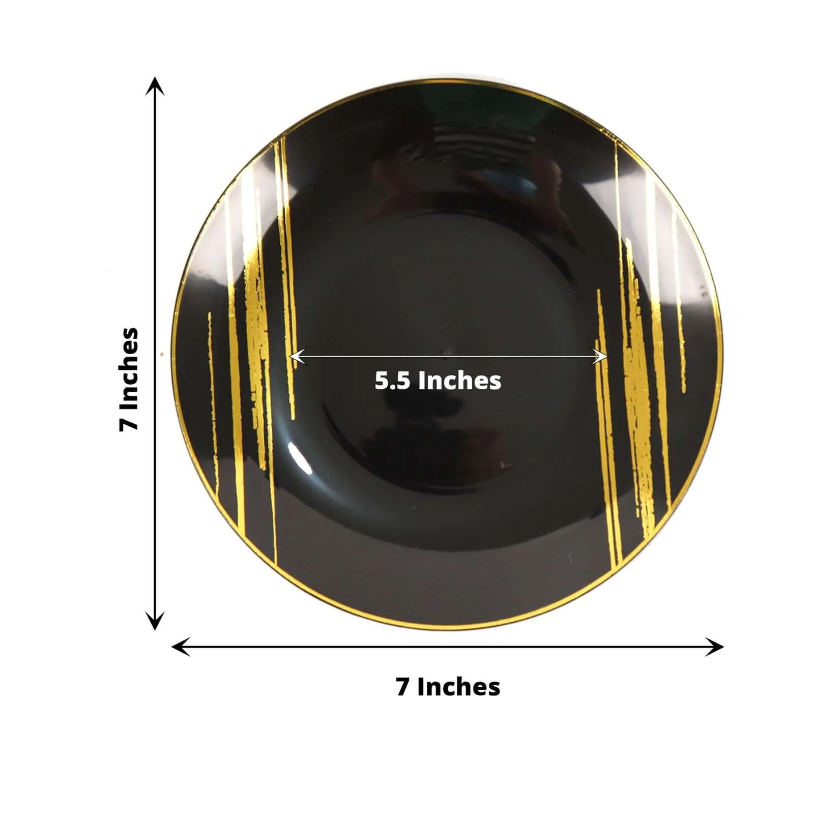 10-Pack Plastic Round Dessert Plates 7" Black with Gold Brush Stroked Print - Modern Disposable Appetizer Salad Plates - Image 3