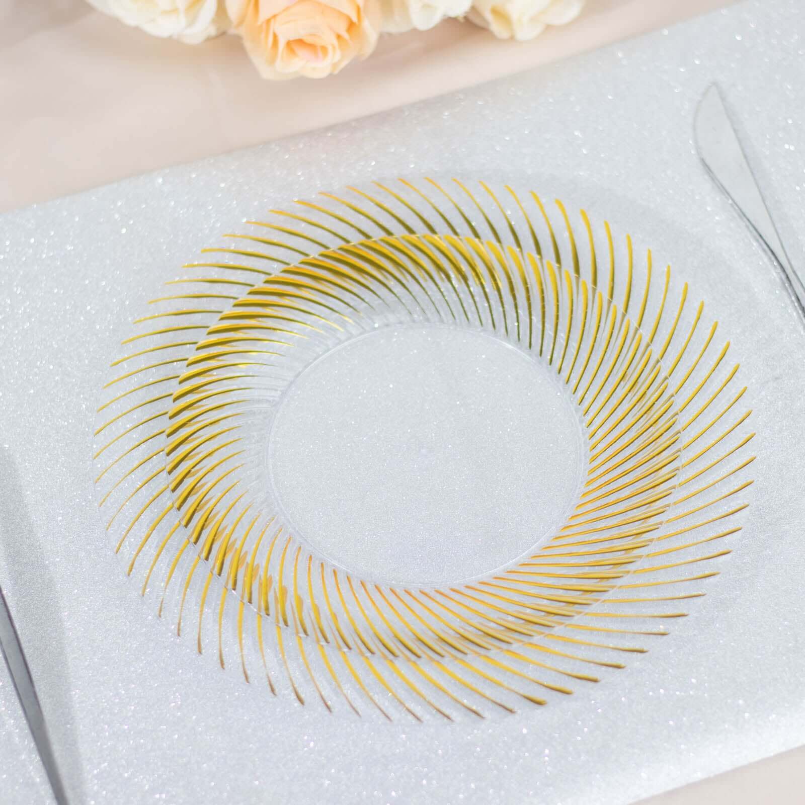 10-Pack Plastic Round Dessert Plates 7" Clear with Gold Swirl Rim - Disposable Salad Plates - Image 13