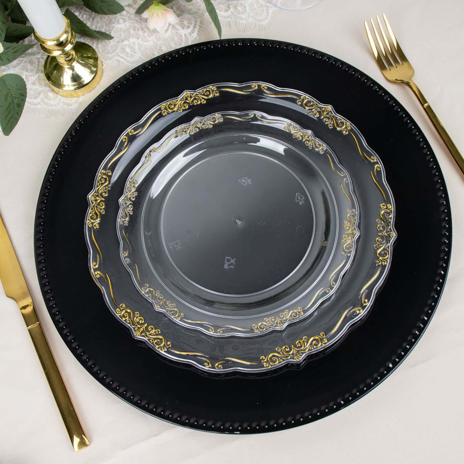 10-Pack Plastic Round Dessert Plates 7" Clear with Gold Vintage Embossed Rim & Scalloped Edges - Sturdy Disposable Salad Plates - Image 2