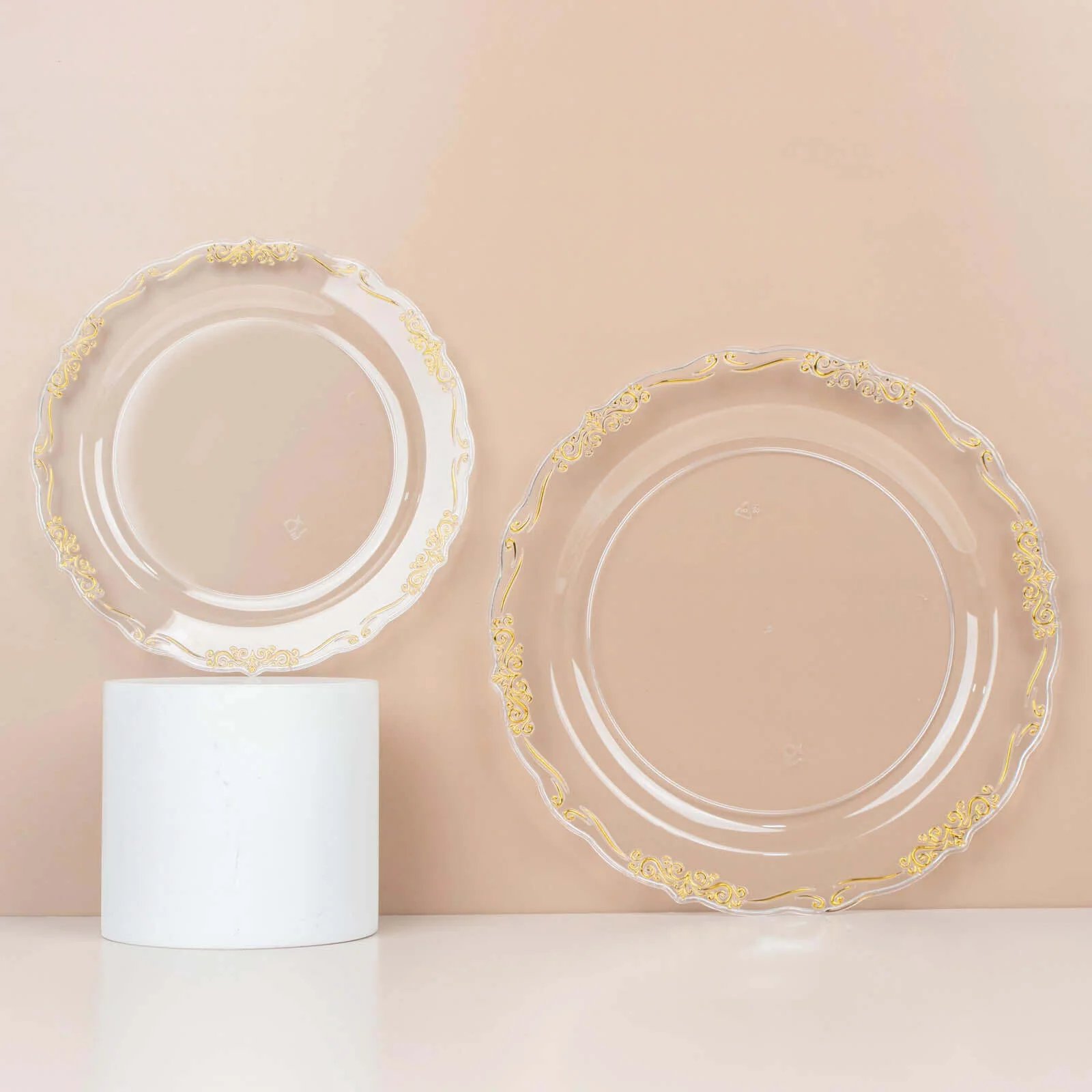 10-Pack Plastic Round Dessert Plates 7" Clear with Gold Vintage Embossed Rim & Scalloped Edges - Sturdy Disposable Salad Plates - Image 4