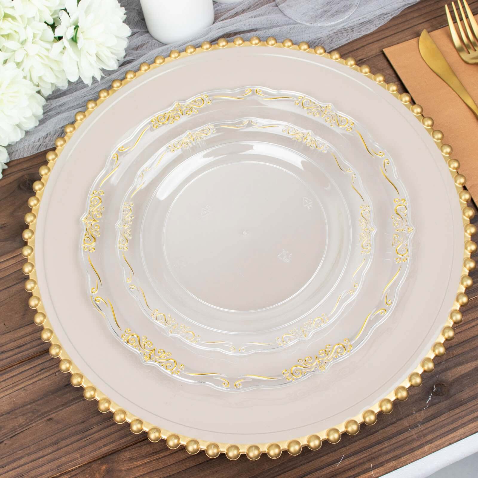 10-Pack Plastic Round Dessert Plates 7" Clear with Gold Vintage Embossed Rim & Scalloped Edges - Sturdy Disposable Salad Plates - Image 5