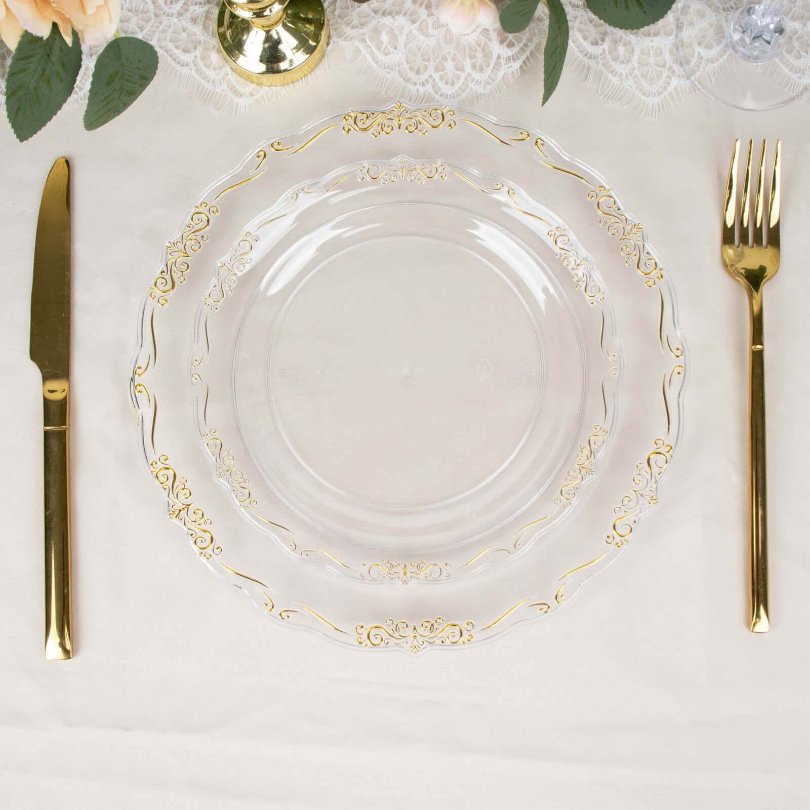 10-Pack Plastic Round Dessert Plates 7" Clear with Gold Vintage Embossed Rim & Scalloped Edges - Sturdy Disposable Salad Plates - Image 8