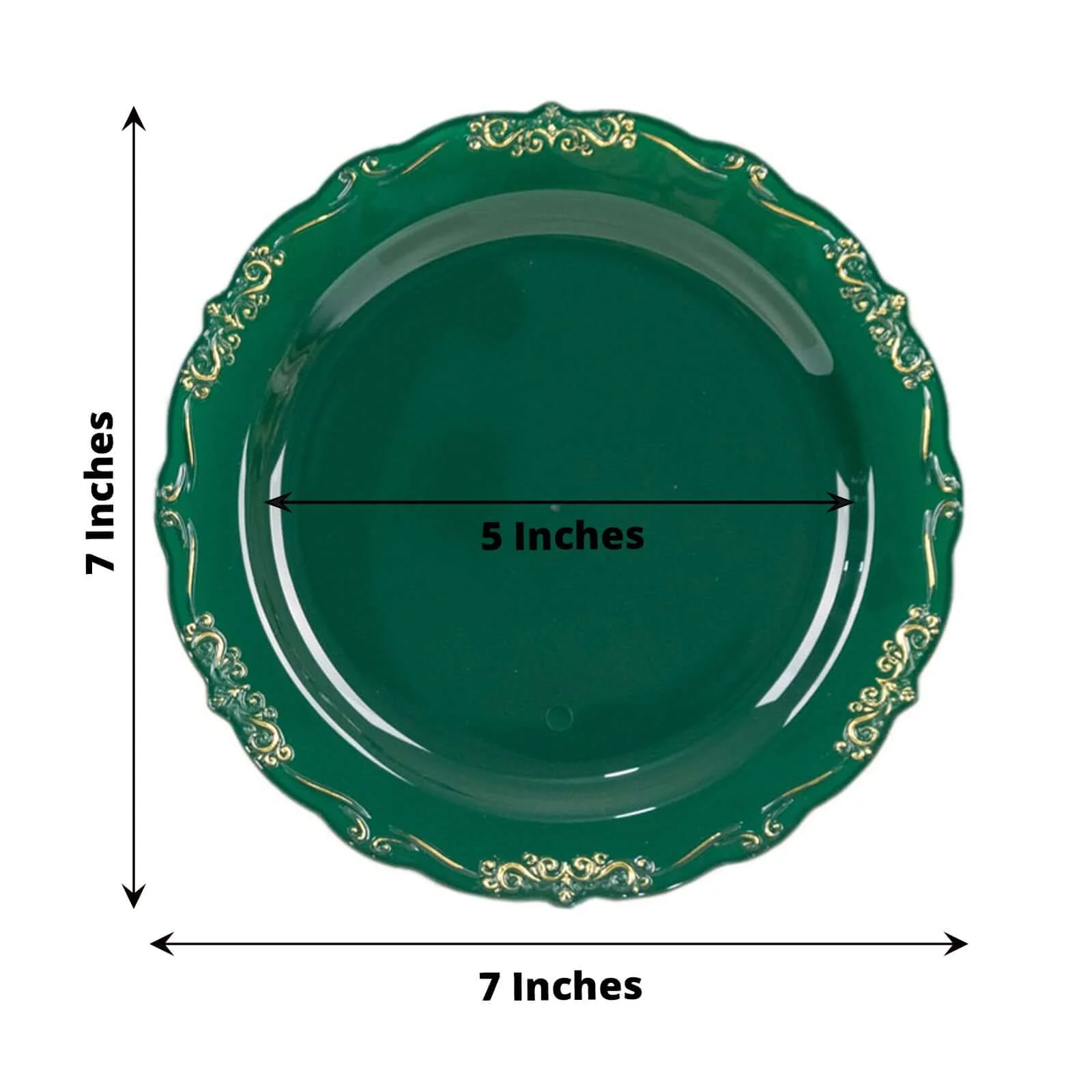 10-Pack Plastic Round Dessert Plates 7" Hunter Emerald Green with Gold Vintage Embossed Rim & Scalloped Edges - Sturdy Disposable Salad Plates - Image 3