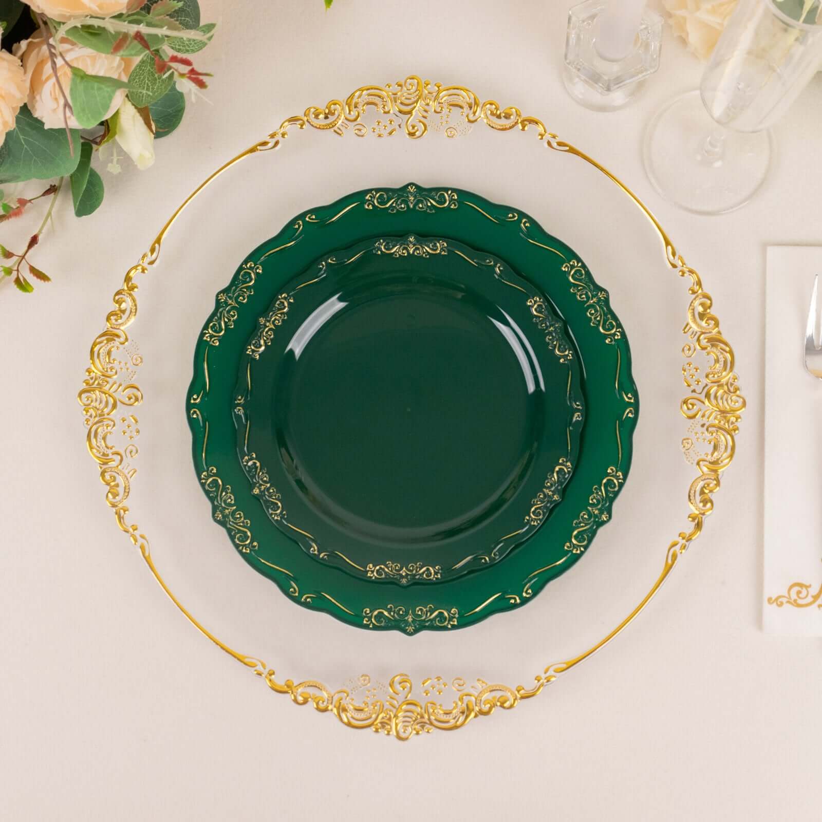 10-Pack Plastic Round Dessert Plates 7" Hunter Emerald Green with Gold Vintage Embossed Rim & Scalloped Edges - Sturdy Disposable Salad Plates - Image 4