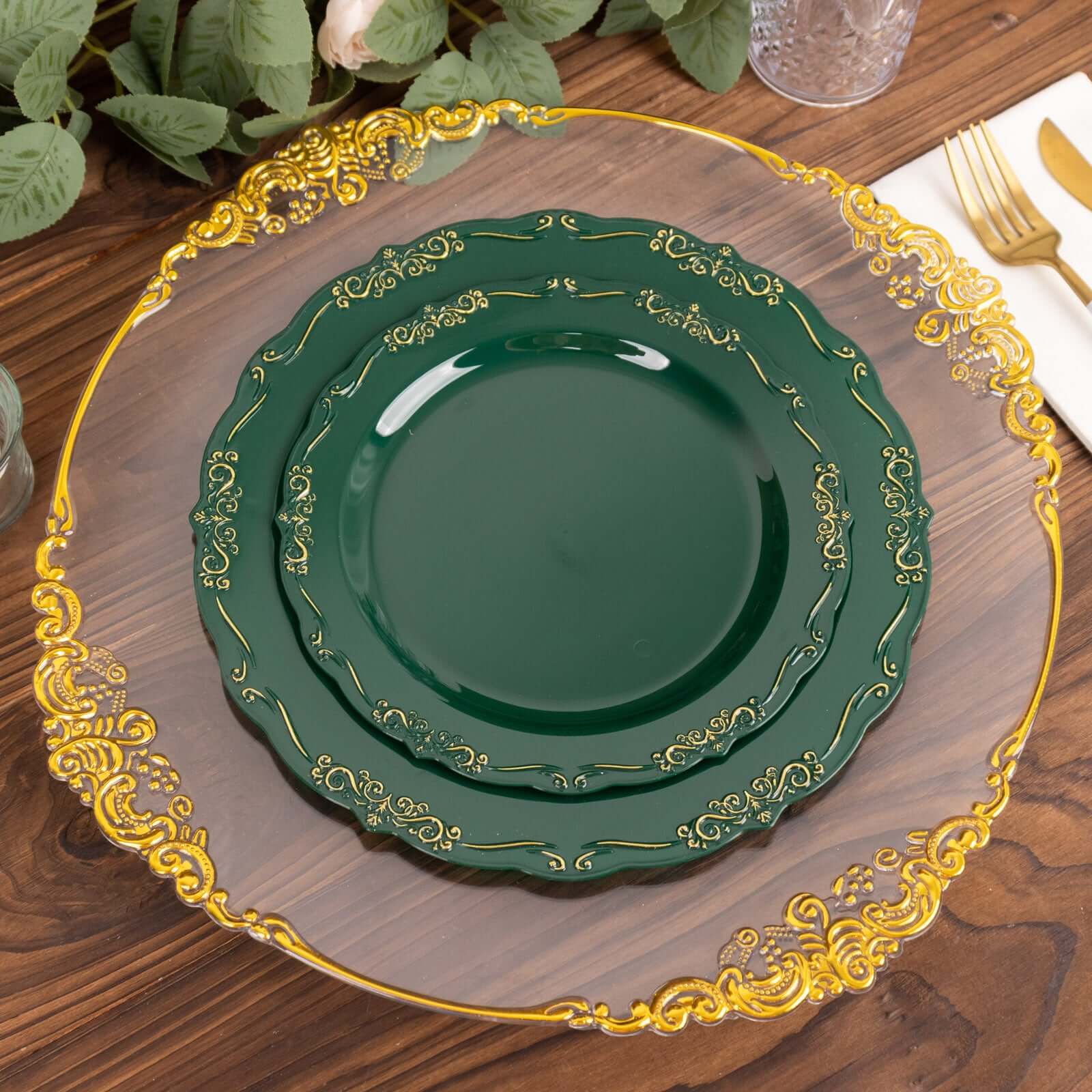 10-Pack Plastic Round Dessert Plates 7" Hunter Emerald Green with Gold Vintage Embossed Rim & Scalloped Edges - Sturdy Disposable Salad Plates - Image 6