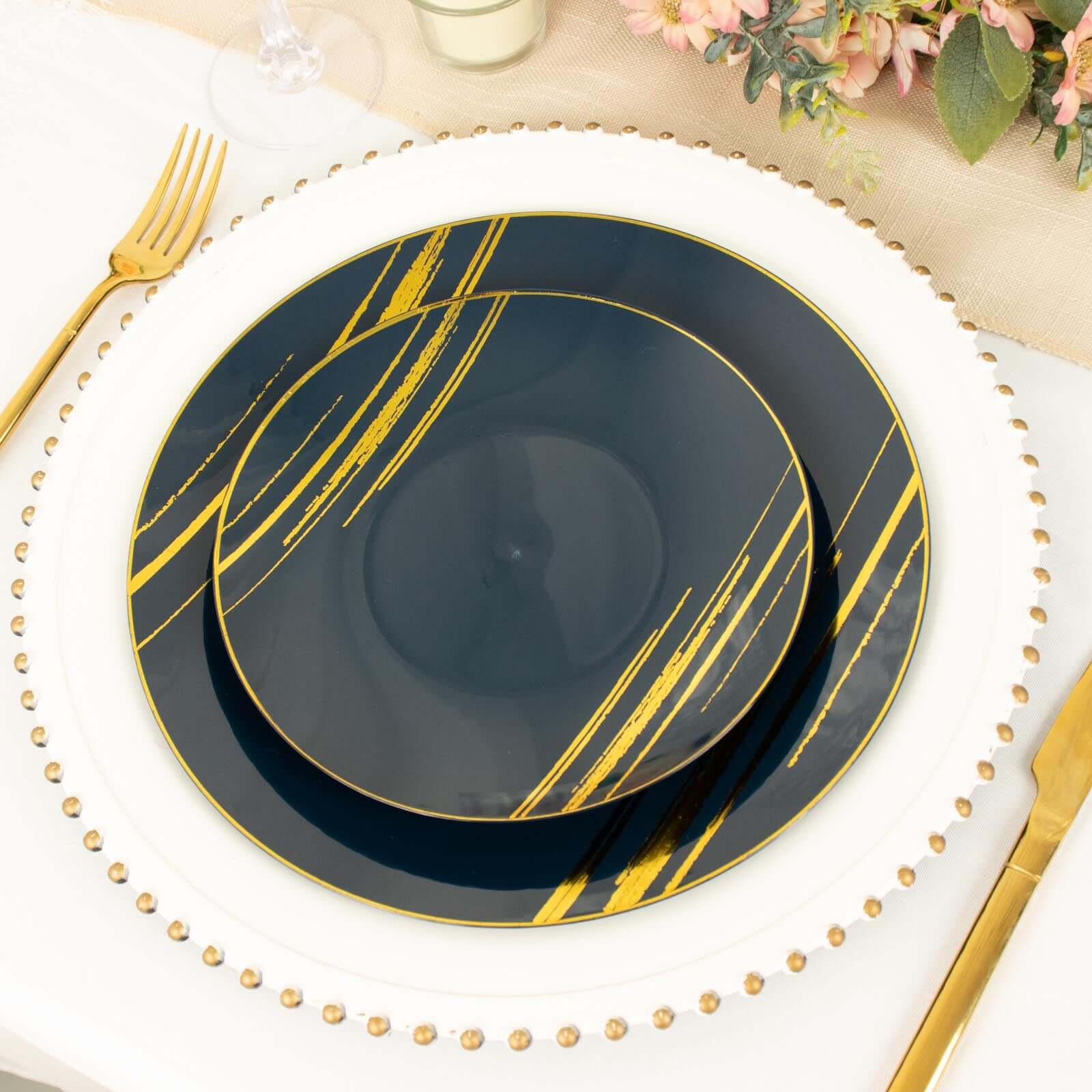 10-Pack Plastic Round Dessert Plates 7" Navy Blue with Gold Brush Stroked Print - Modern Disposable Appetizer Salad Plates - Image 10