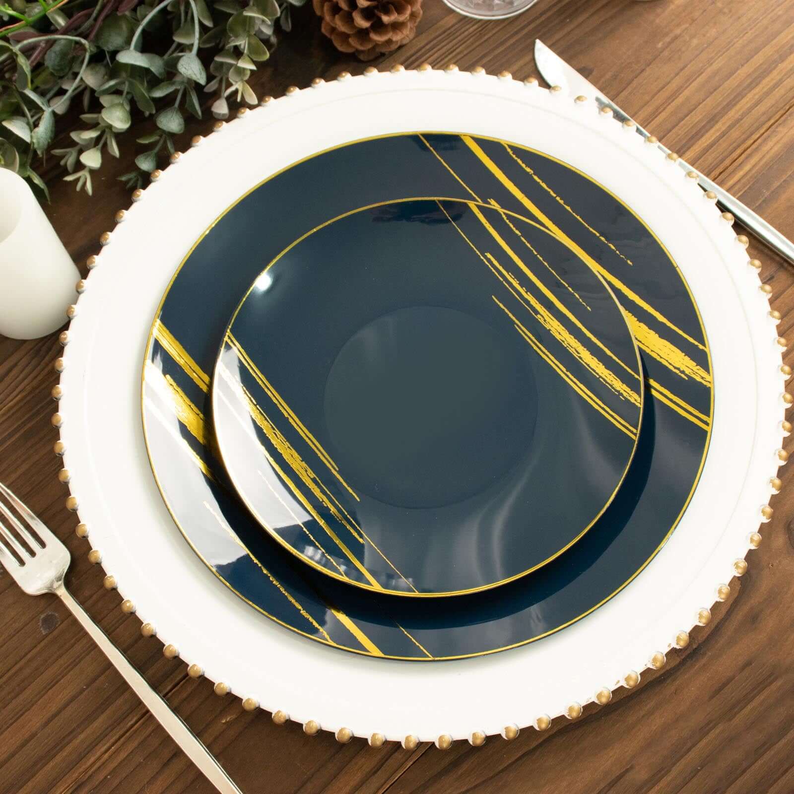 10-Pack Plastic Round Dessert Plates 7" Navy Blue with Gold Brush Stroked Print - Modern Disposable Appetizer Salad Plates - Image 11