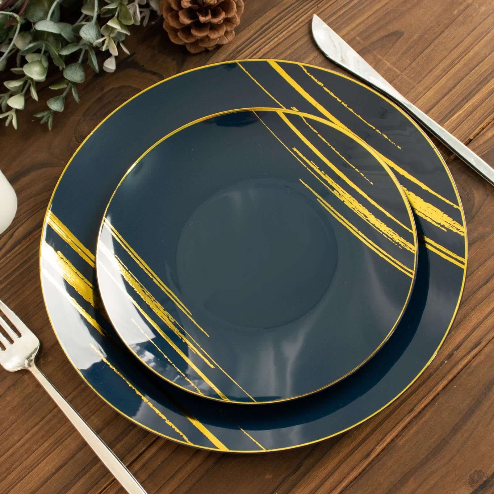 10-Pack Plastic Round Dessert Plates 7" Navy Blue with Gold Brush Stroked Print - Modern Disposable Appetizer Salad Plates - Image 12