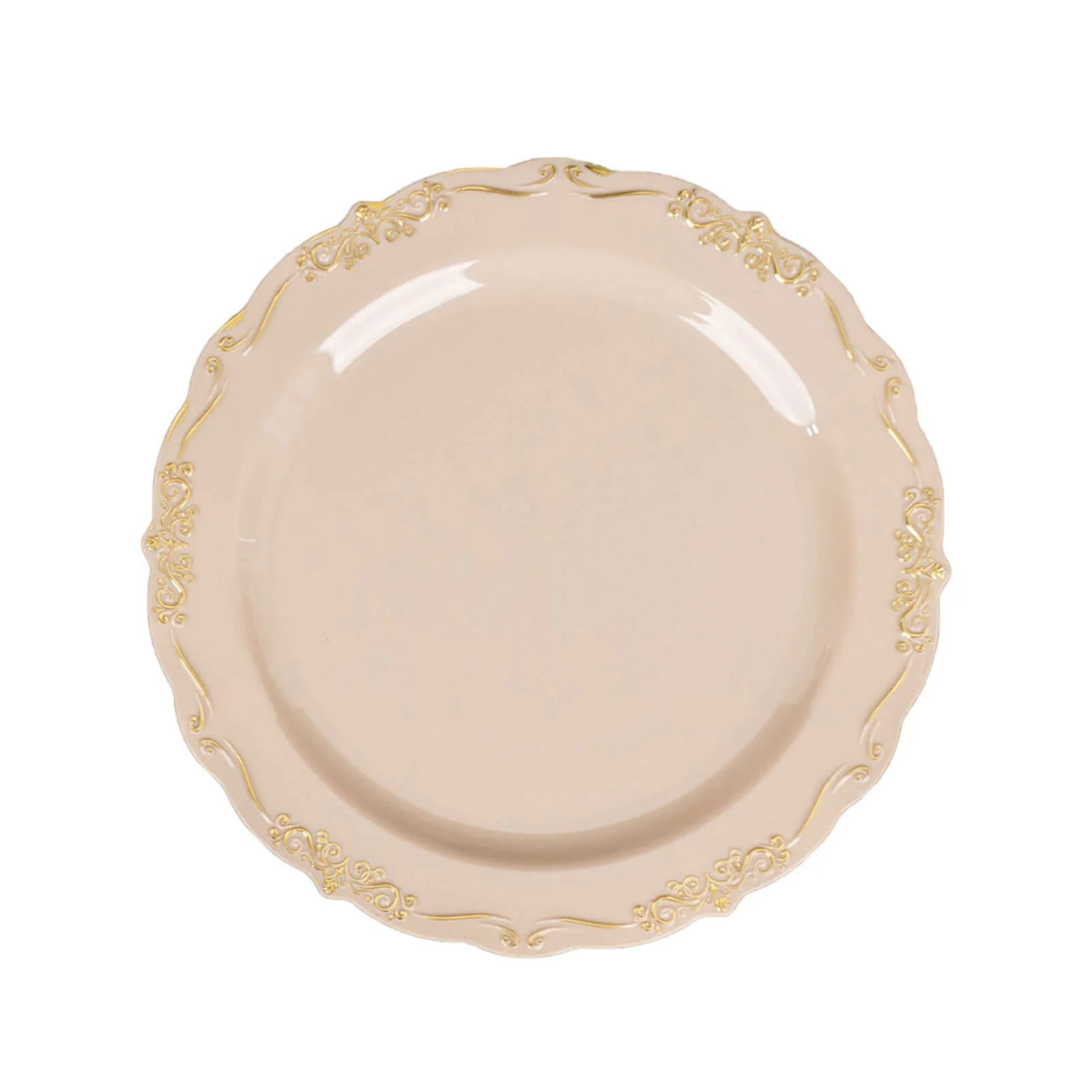 10-Pack Plastic Round Dessert Plates 7" Taupe with Gold Vintage Embossed Rim & Scalloped Edges - Sturdy Disposable Salad Plates - Image 7