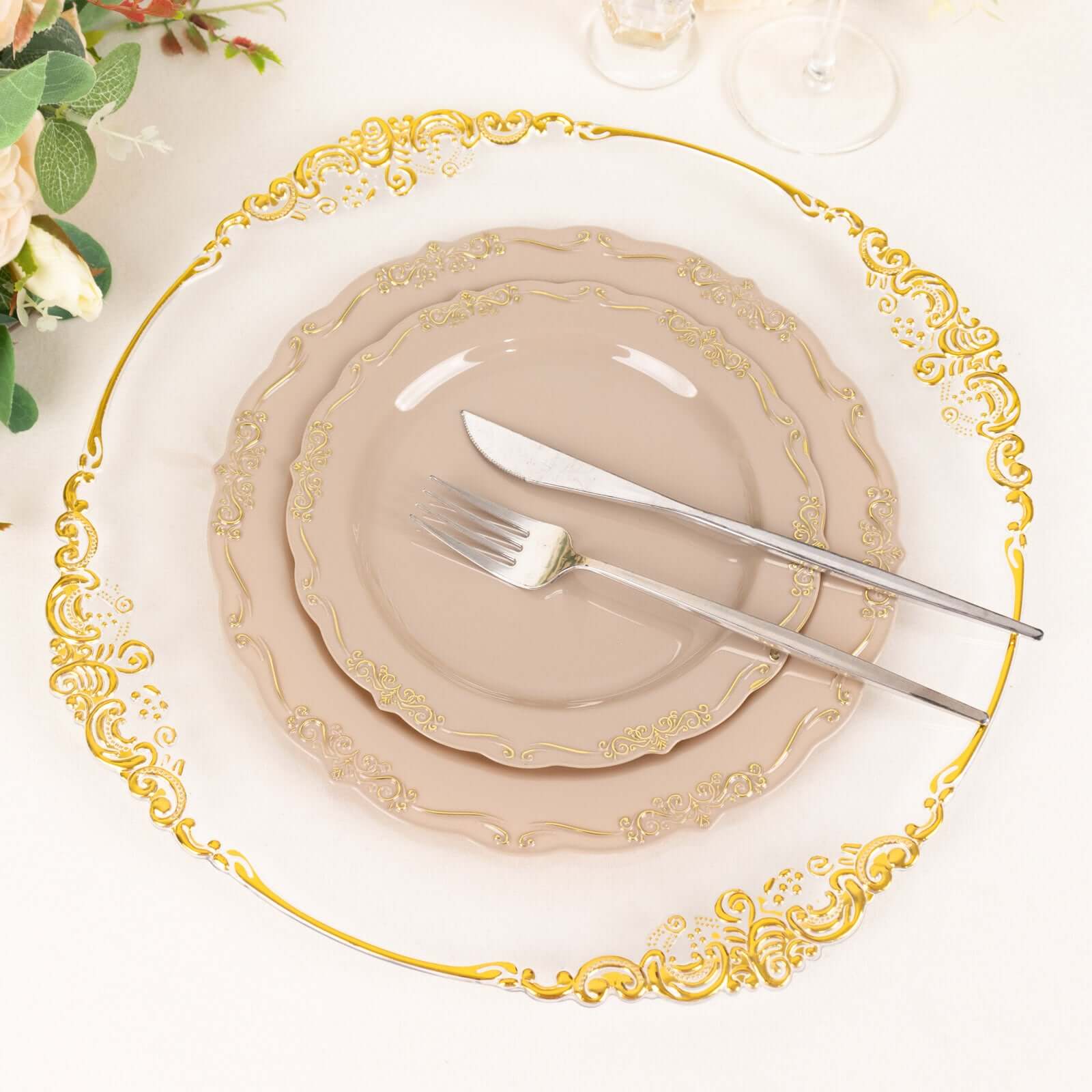 10-Pack Plastic Round Dessert Plates 7" Taupe with Gold Vintage Embossed Rim & Scalloped Edges - Sturdy Disposable Salad Plates - Image 9