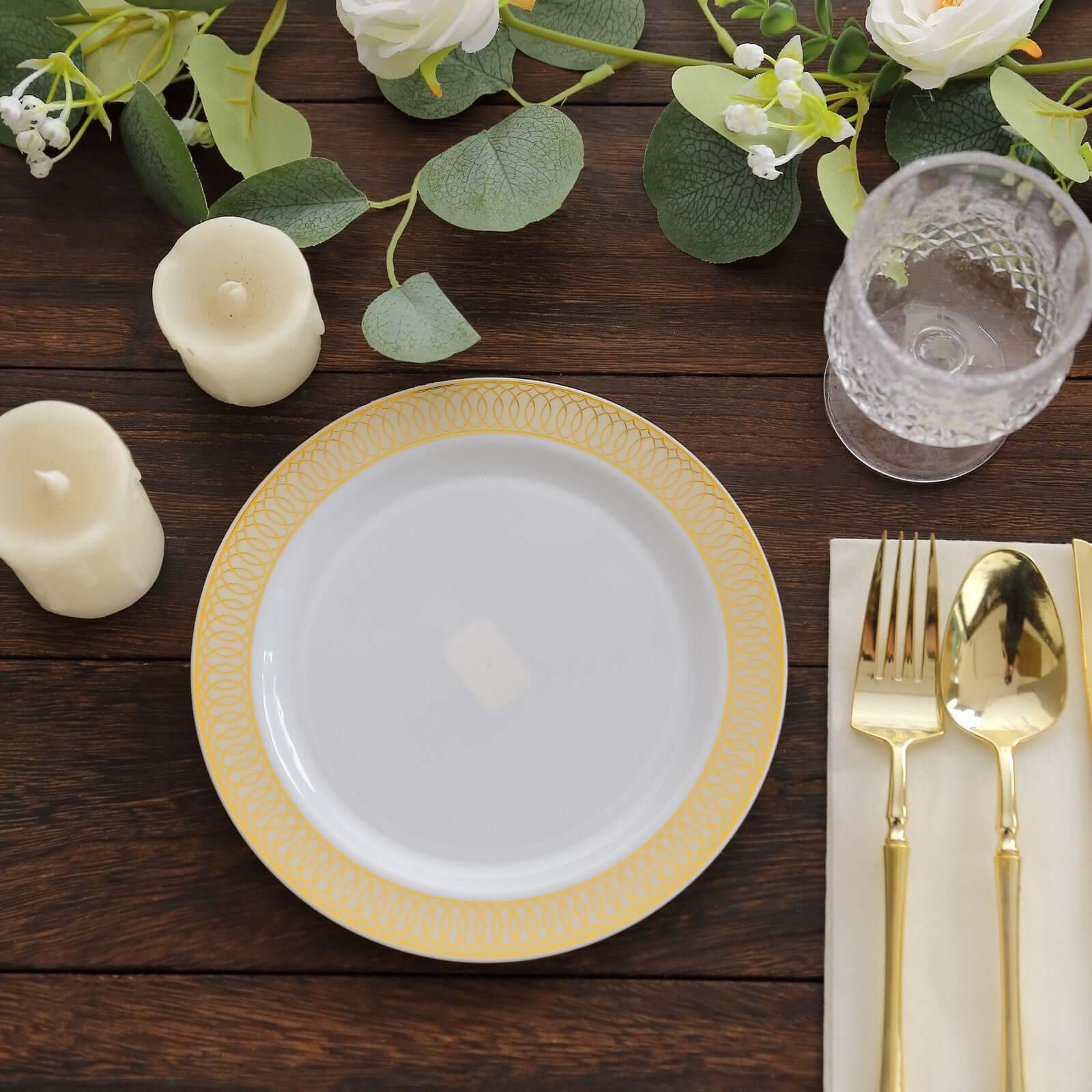 10-Pack Plastic Round Dessert Plates 7" White with Beige Gold Spiral Rim - Stylish Disposable Salad Plates for Buffets & Catered Events - Image 10
