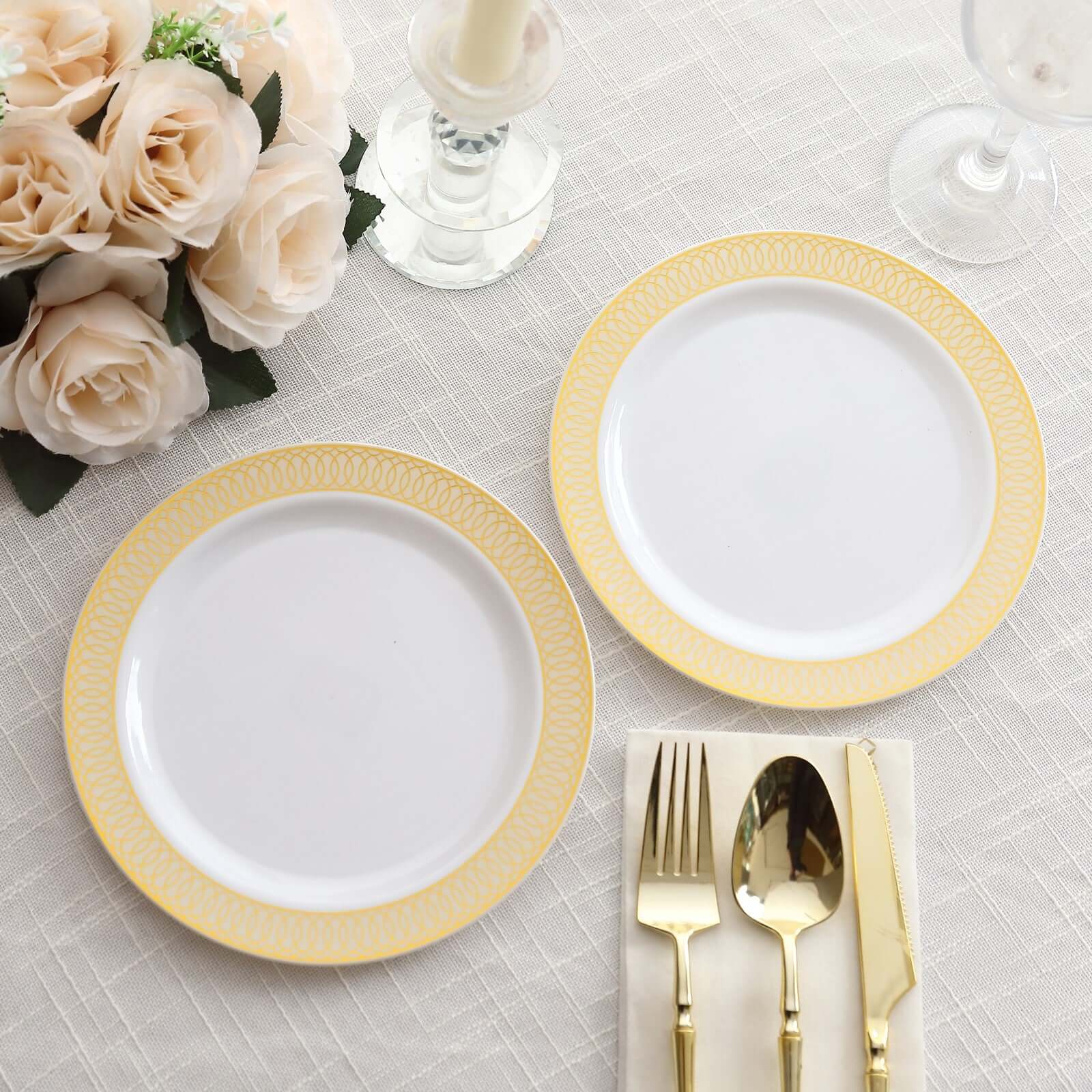 10-Pack Plastic Round Dessert Plates 7" White with Beige Gold Spiral Rim - Stylish Disposable Salad Plates for Buffets & Catered Events - Image 2
