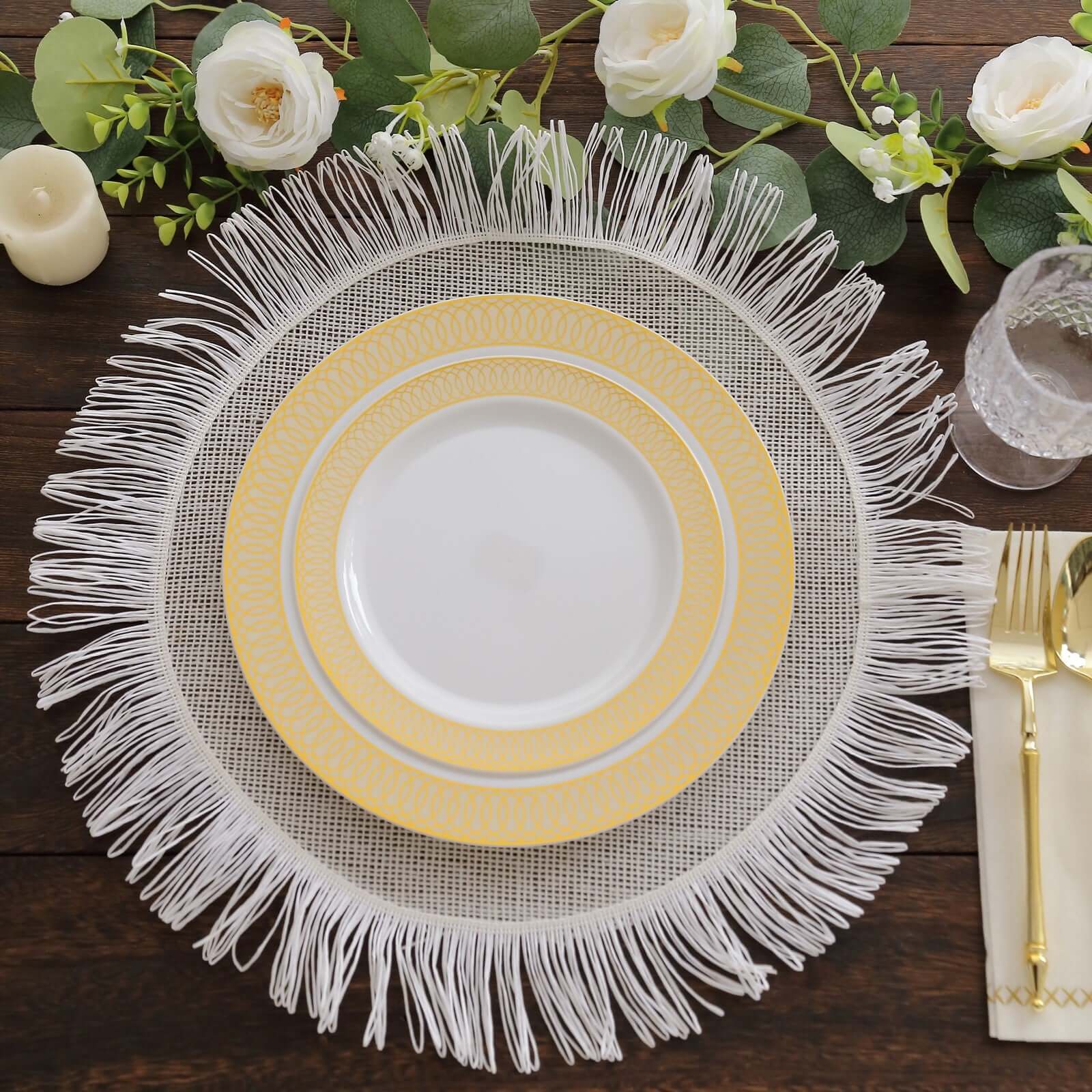 10-Pack Plastic Round Dessert Plates 7" White with Beige Gold Spiral Rim - Stylish Disposable Salad Plates for Buffets & Catered Events - Image 4