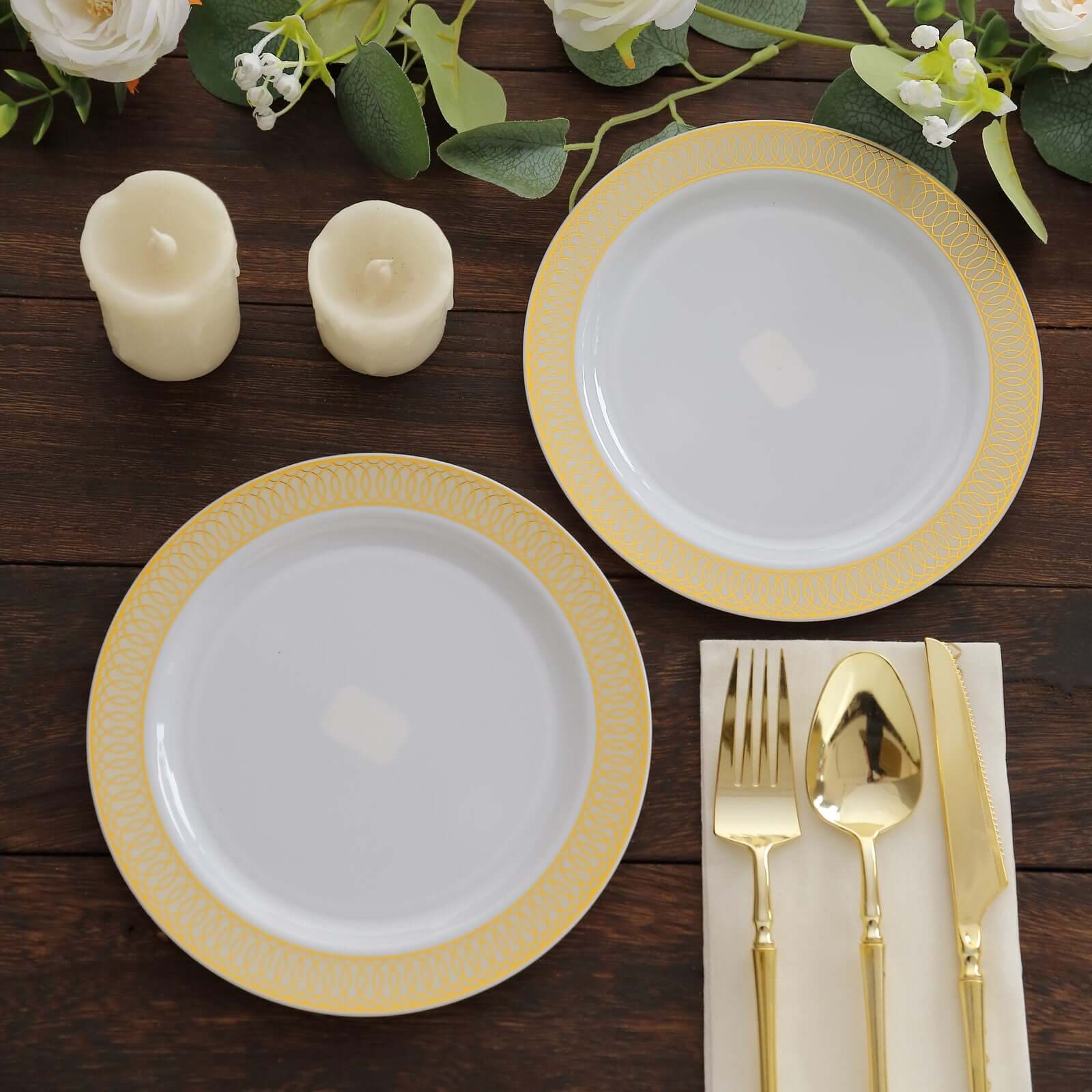 10-Pack Plastic Round Dessert Plates 7" White with Beige Gold Spiral Rim - Stylish Disposable Salad Plates for Buffets & Catered Events - Image 5