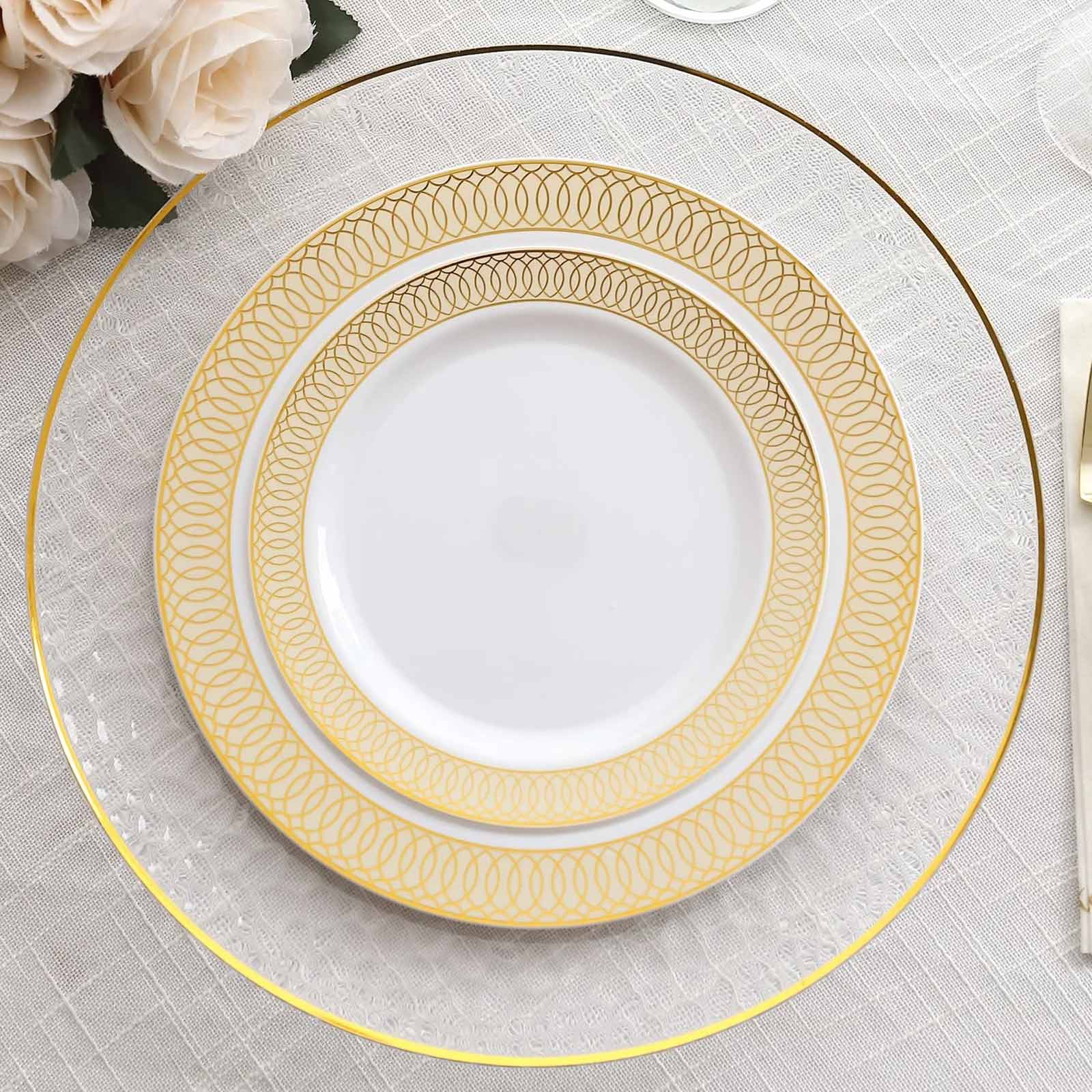 10-Pack Plastic Round Dessert Plates 7" White with Beige Gold Spiral Rim - Stylish Disposable Salad Plates for Buffets & Catered Events - Image 6