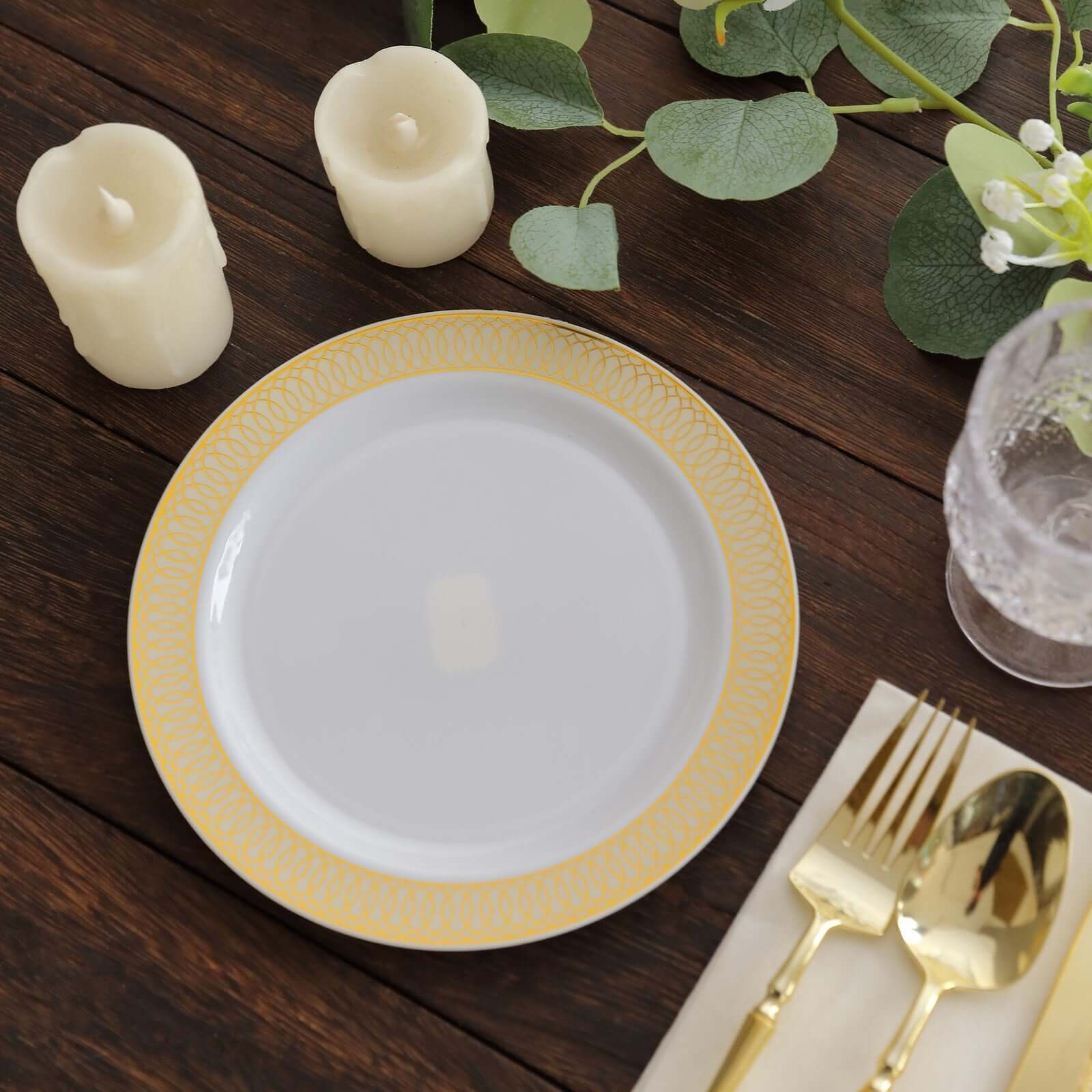 10-Pack Plastic Round Dessert Plates 7" White with Beige Gold Spiral Rim - Stylish Disposable Salad Plates for Buffets & Catered Events - Image 8