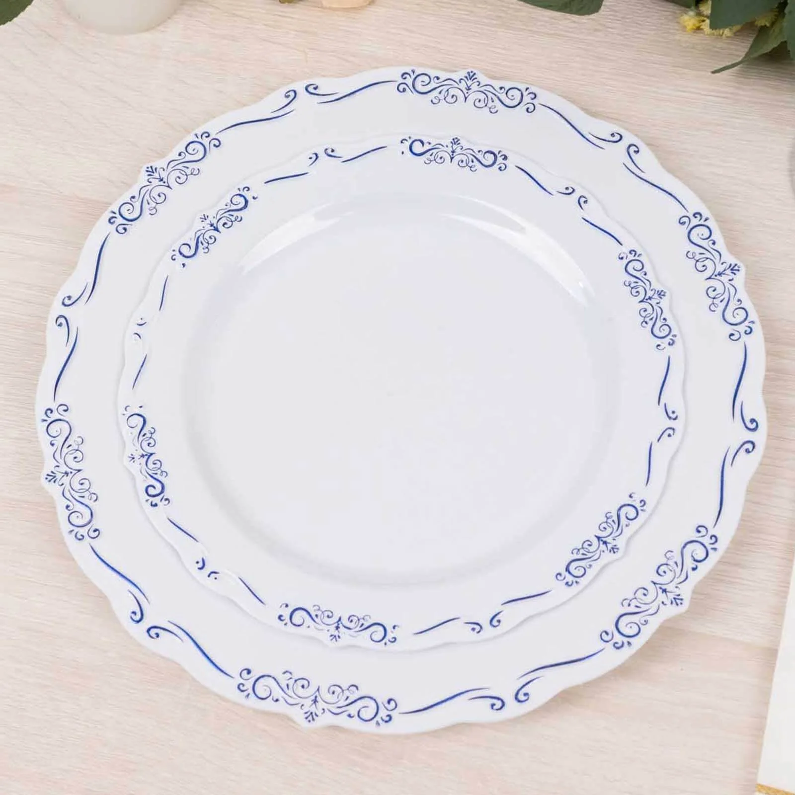 10-Pack Plastic Round Dessert Plates 7" White with Blue Vintage Embossed Rim & Scalloped Edges - Sturdy Disposable Salad Plates for Classy Events & Banquets