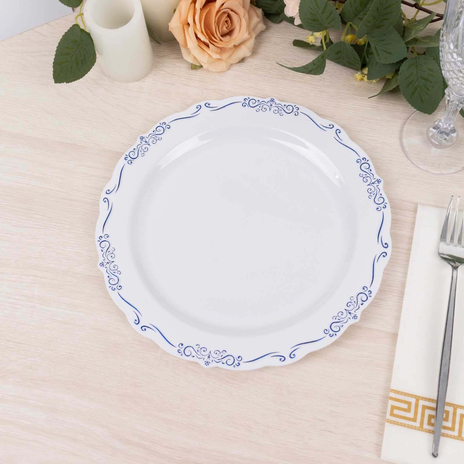 10-Pack Plastic Round Dessert Plates 7" White with Blue Vintage Embossed Rim & Scalloped Edges - Sturdy Disposable Salad Plates for Classy Events & Banquets - Image 10