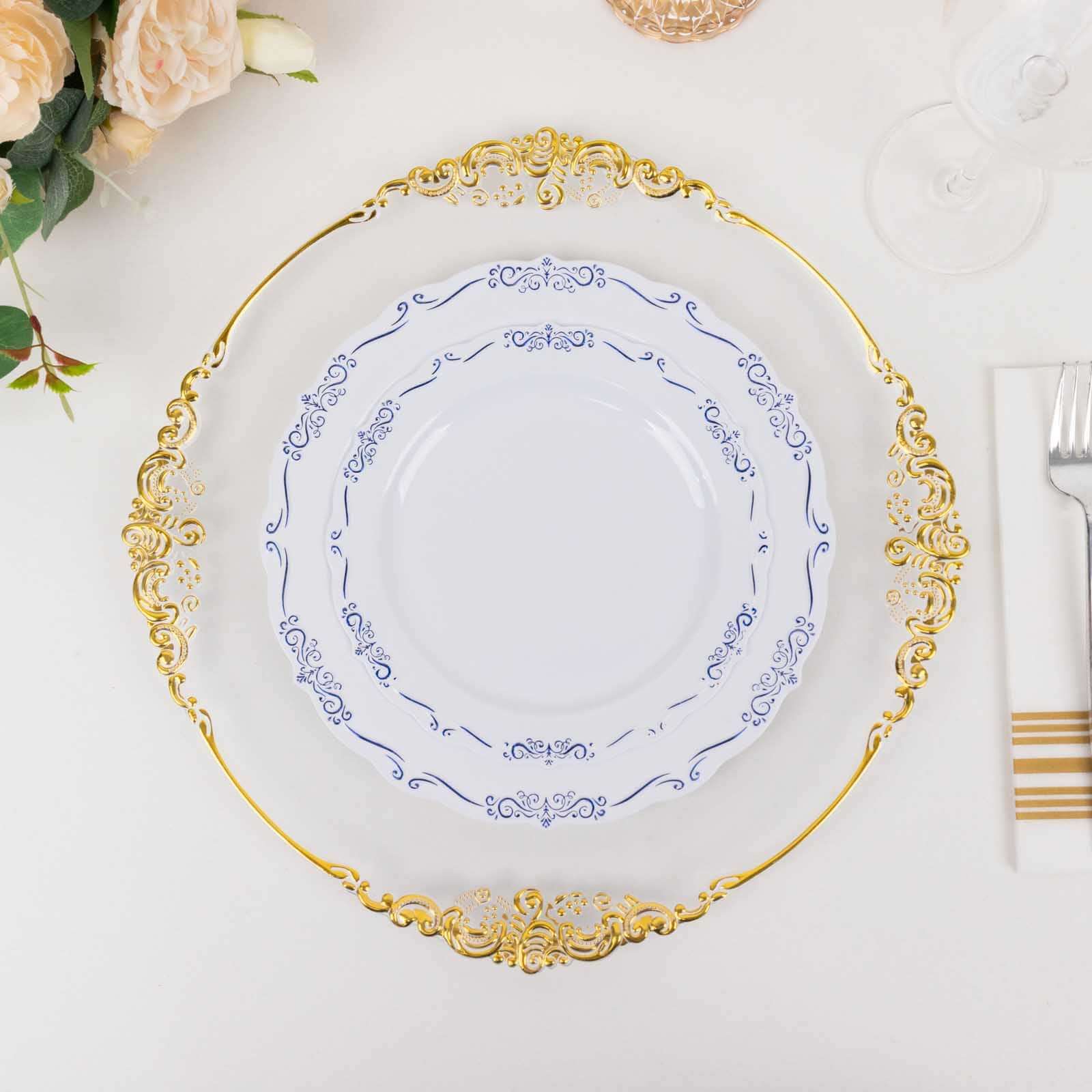 10-Pack Plastic Round Dessert Plates 7" White with Blue Vintage Embossed Rim & Scalloped Edges - Sturdy Disposable Salad Plates for Classy Events & Banquets - Image 2
