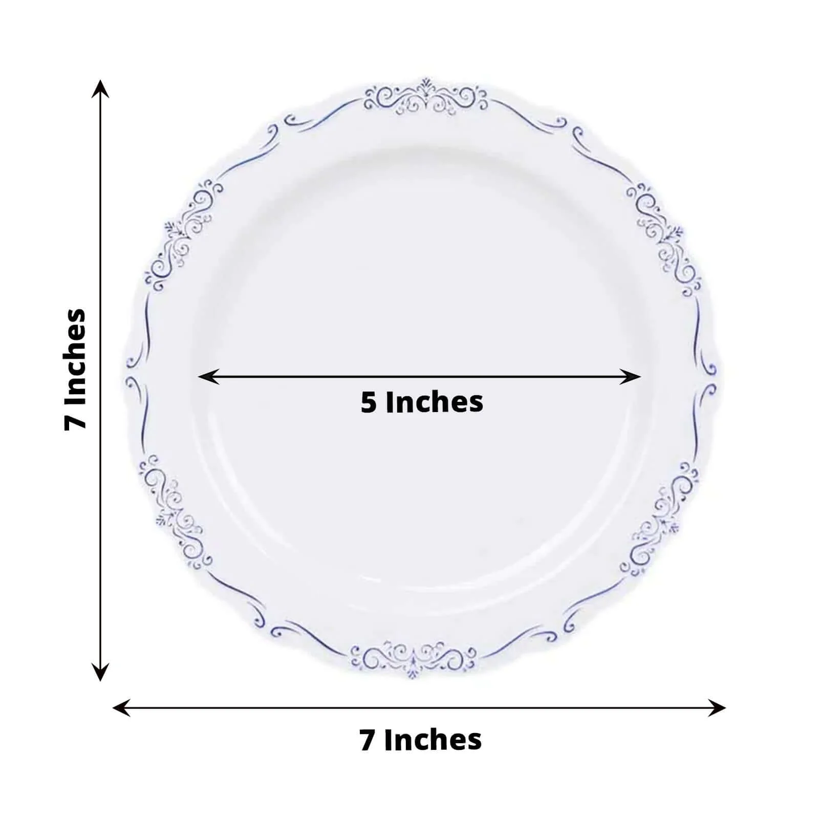 10-Pack Plastic Round Dessert Plates 7" White with Blue Vintage Embossed Rim & Scalloped Edges - Sturdy Disposable Salad Plates for Classy Events & Banquets - Image 3